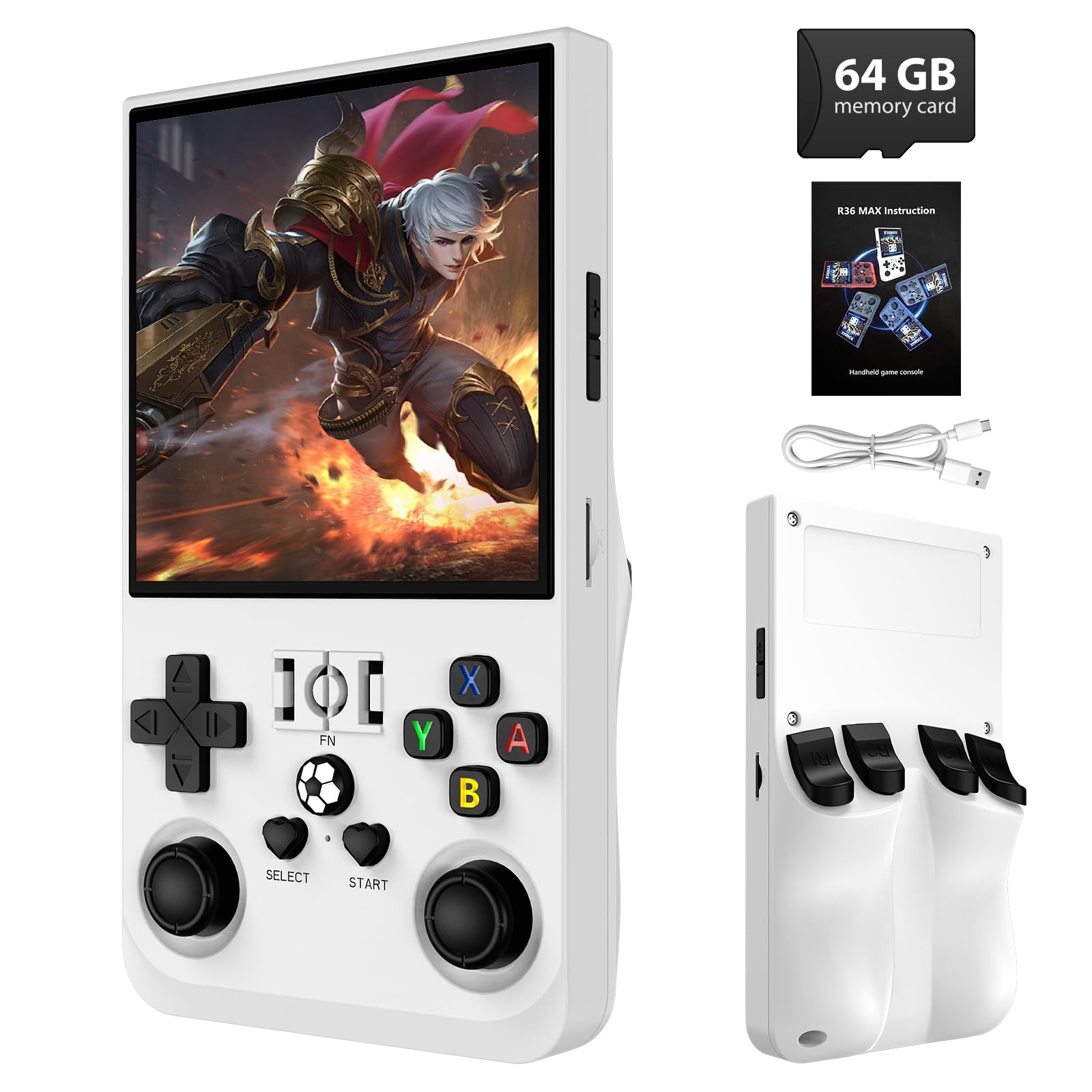 R36MAX Retro Handheld Game Console, 4.0 Inch IPS Screen, 64GB Memory, Portable Arcade Video Gaming Console Gift for Adults, Pearl White