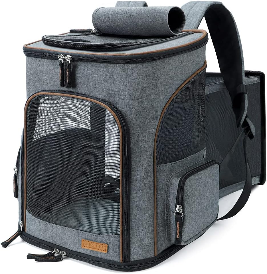 Lekesky Dog Carrier Backpack Expandable Cat Backpack for Small Cats and Dogs, Foldable Pet Carrier Backpack with Inner Safety Leash, Grey