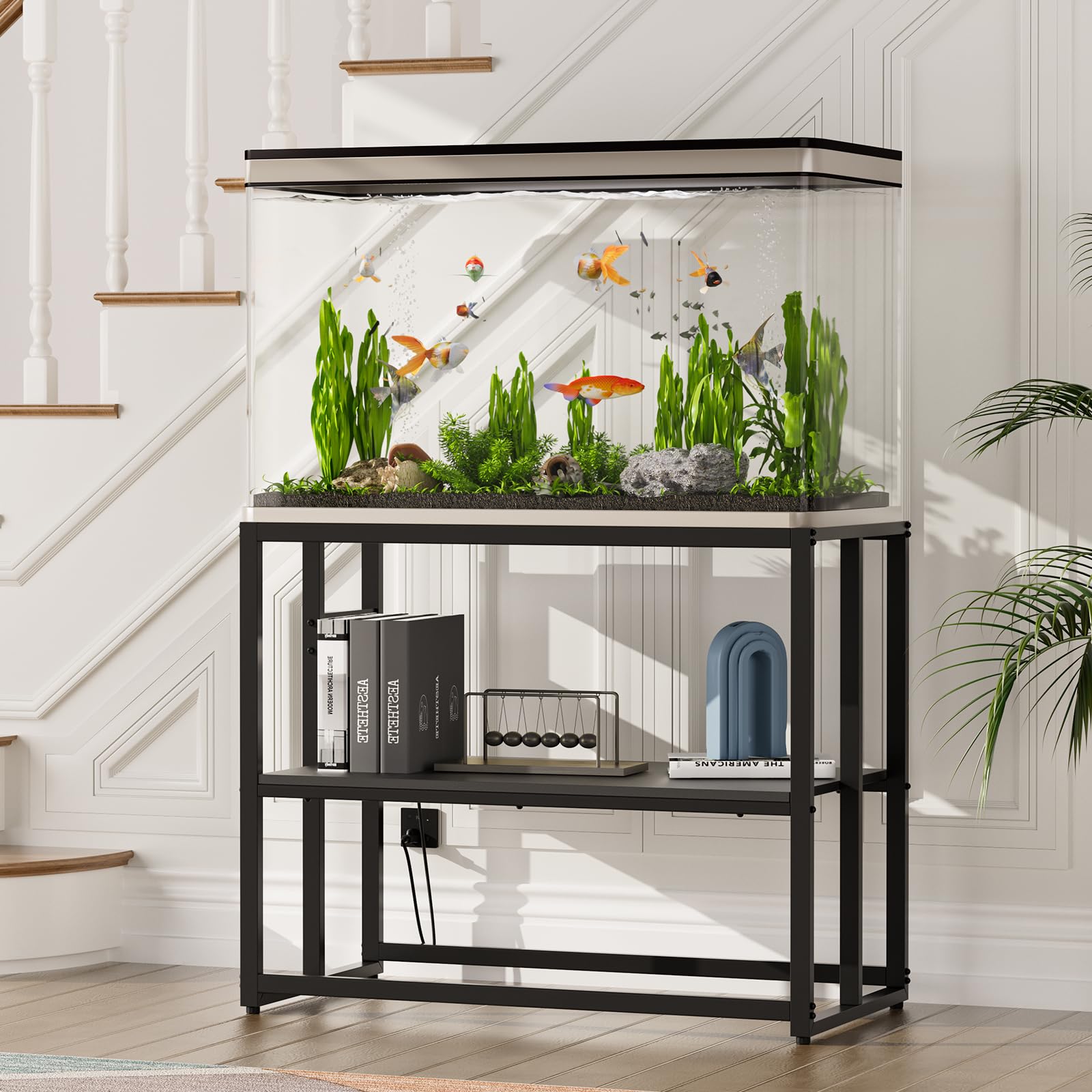 Urban Deco Support d'aquarium de 40 gallons avec prises de courant, capacité de 300 kg, support d'aquarium en métal, support de terrarium à double couche, noir