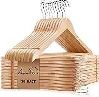 Amber Home 30 Pack Natural Wood Coat Hangers with Non-Slip Pant Bar - Solid Wood Suit Hangers for Shirts, Jackets, Pants, Dresses