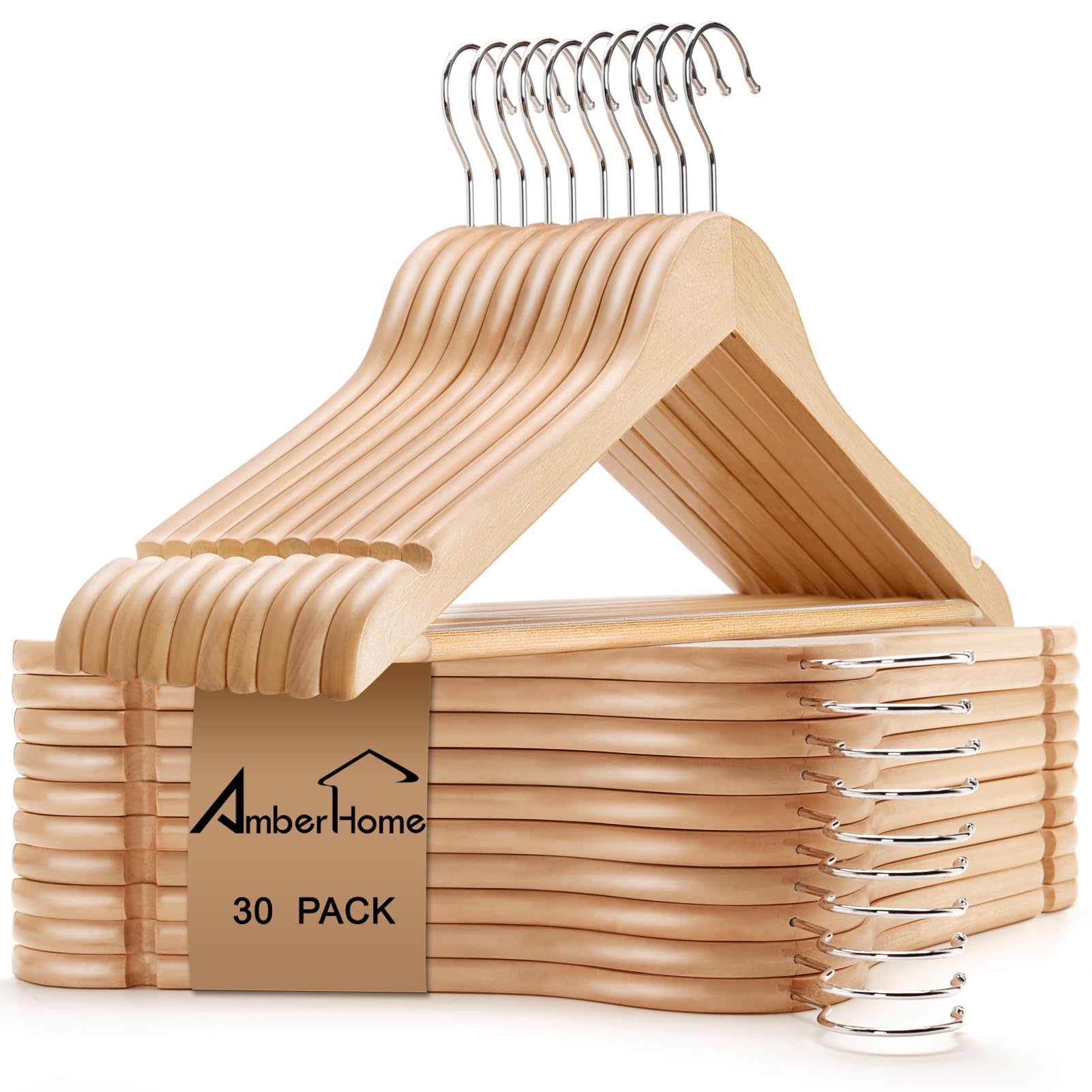 Amber Home 30 Pack Wooden Coat Hangers, Natural Wood Suit Hangers with Non Slip Pant Bar, Clothes Hangers for Shirts, Jackets, Dress, Pant (Natural, 30)