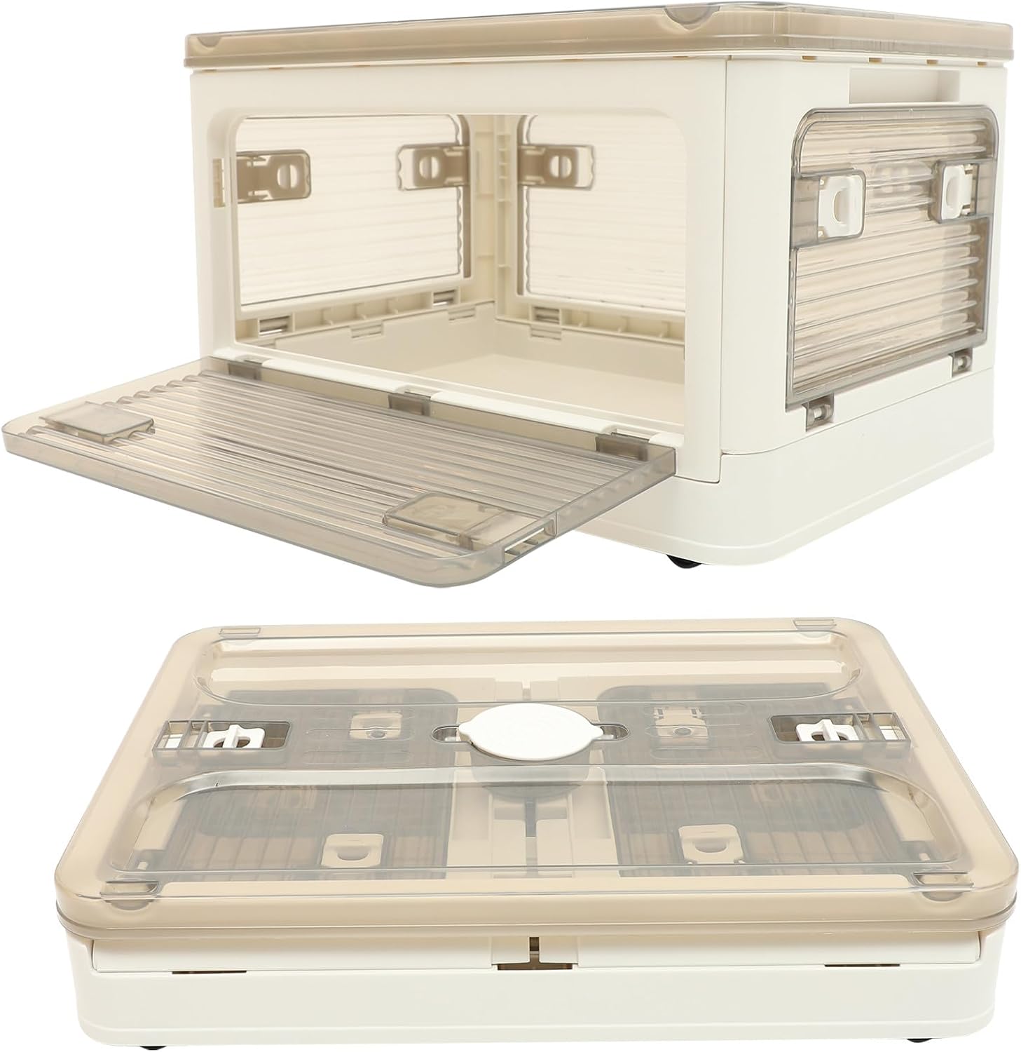 Foldable Car Trunk Organizer Storage Box with Striped Large Capacity Beverage and Fruit Compartment, White Collapsible Vehicle Grocery Container for Outdoor Use