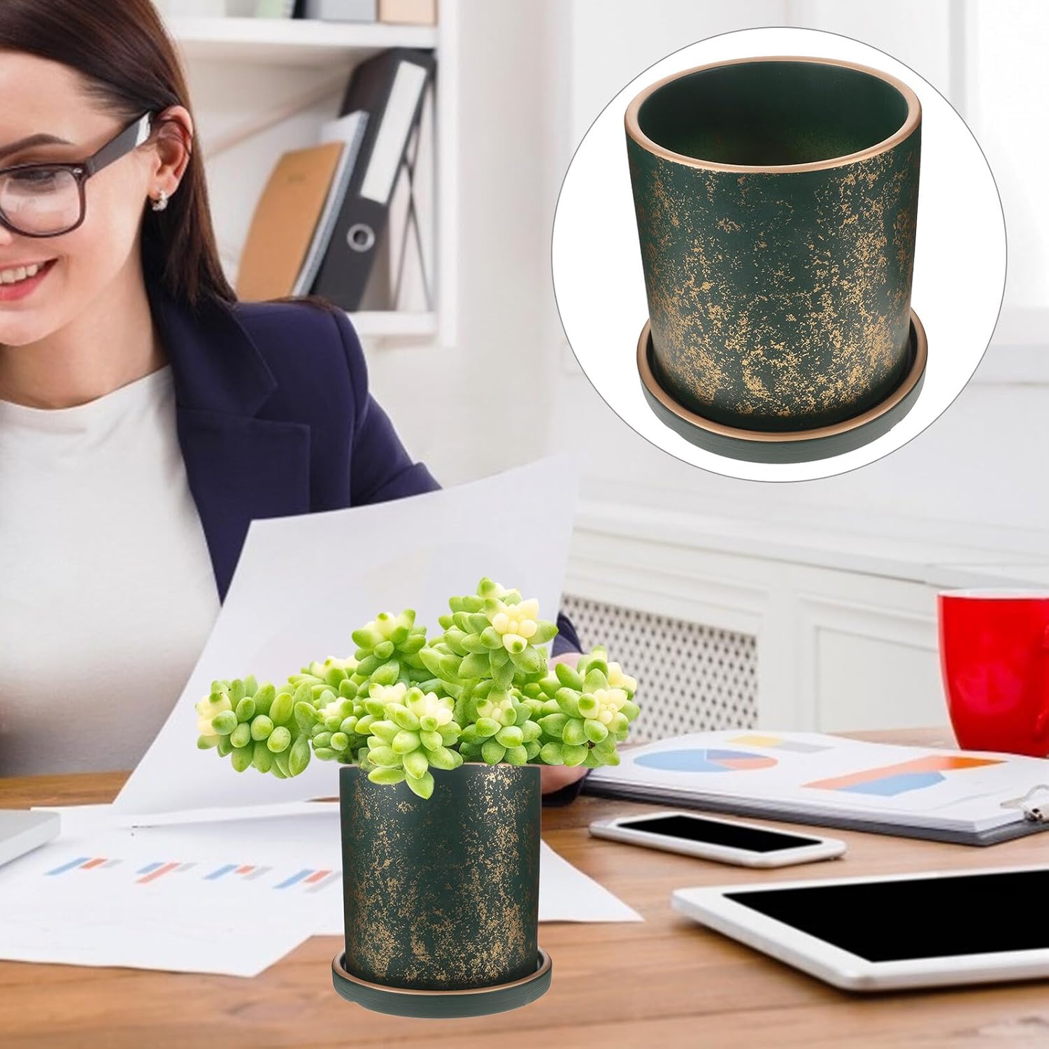 BESPORTBLE Ceramic Planter Pot with Tray for Succulent Plants, 17cm Green Flower Pot with Drainage Hole, Indoor and Outdoor Garden Bonsai Plant Container