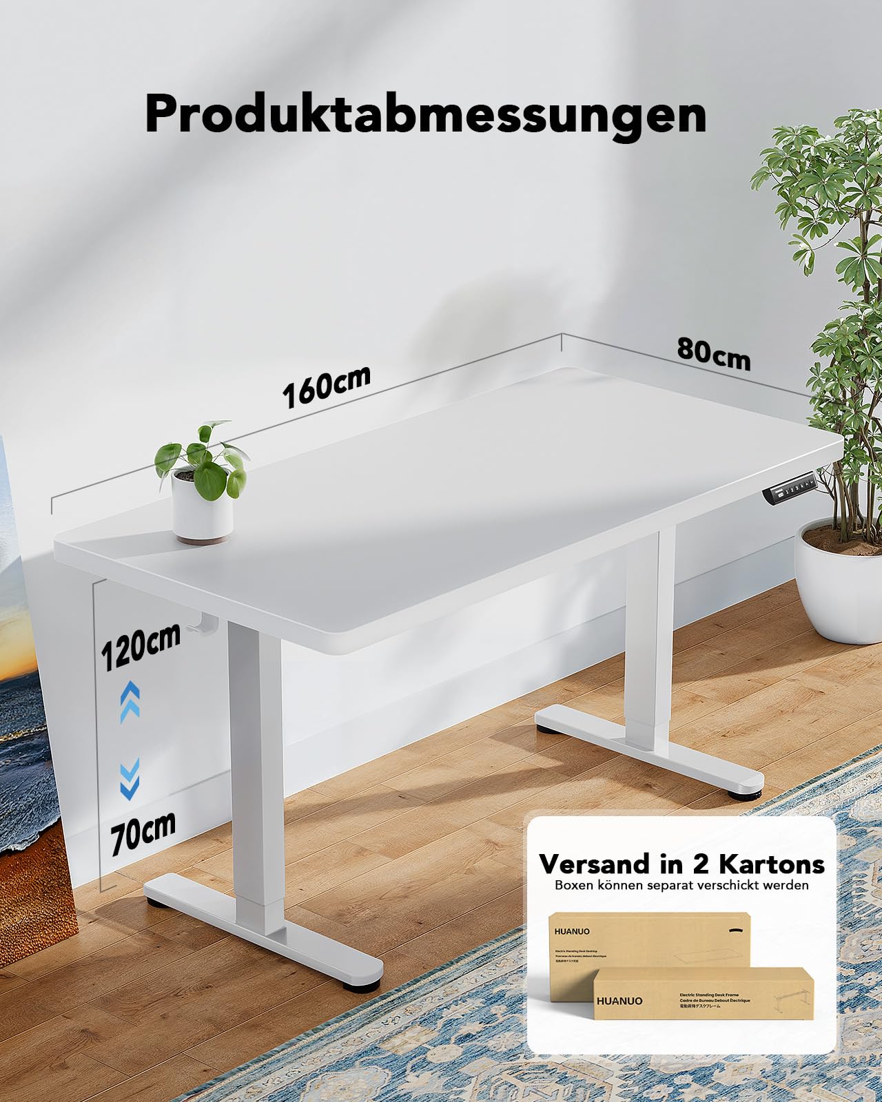 HUANUO Höhenverstellbarer Schreibtisch 160x80cm,25MM Ganze Tischplatte mit Bürstenloser Motor,Ergonomischer Steh-Sitz Tisch Stehpult,Einfache Montage Elektrischer Stehschreibtisch für Homeoffice