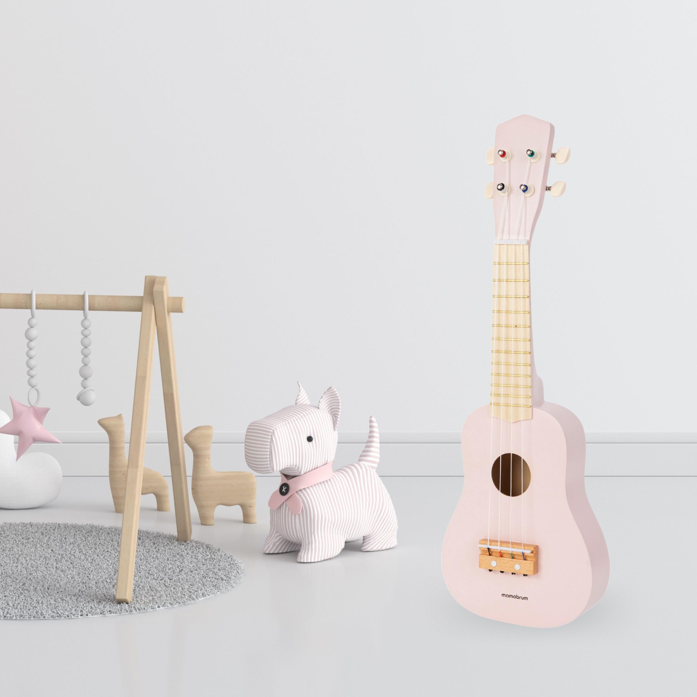 Mamabrum Guitarra Juguete Madera para Niños - Ukelele Musical Infantil con 4 Cuerdas, Estimula el Oído y Desarrollo Musical - Instrumento Rosa 52cm para Juego Roles