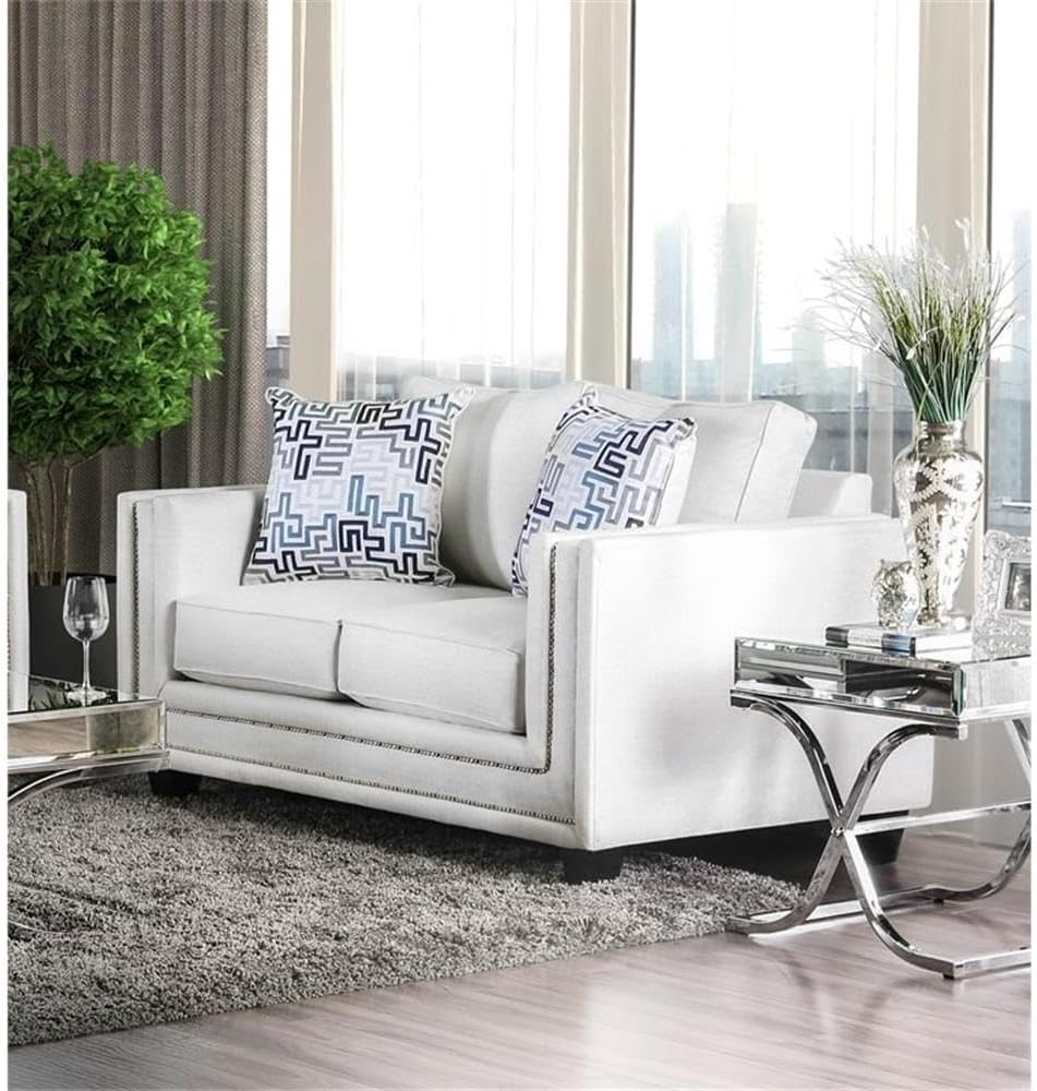 BOWERY HILL Contemporary Chenille Loveseat, 66" W x 40" D x 38" H, Ivory Finish, Solid Wood Frame, Nailhead Trim, High-Density Foam Cushions, Track Arms, Living Room Seating, Made in USA
