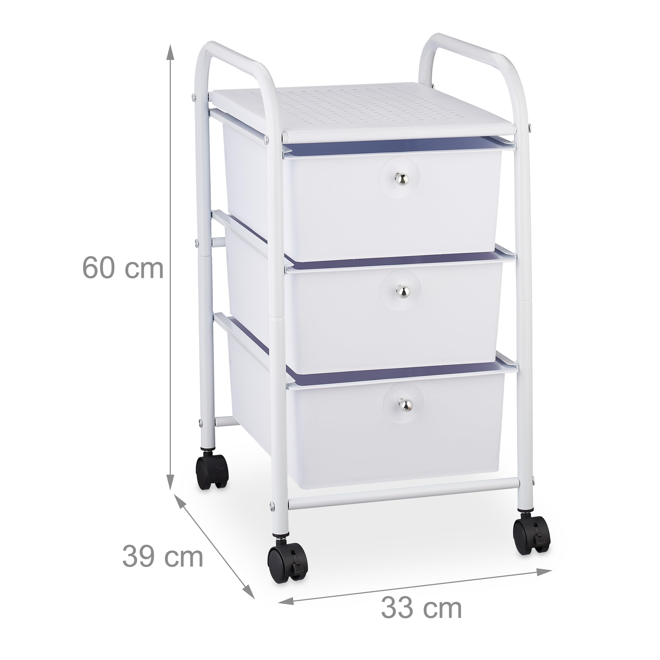 Relaxdays Chariot sur Roues de Bain, 3 tiroirs, métal et Plastique, conteneur, cosmétiques, 60 x 33 x 39 cm, Couleurs