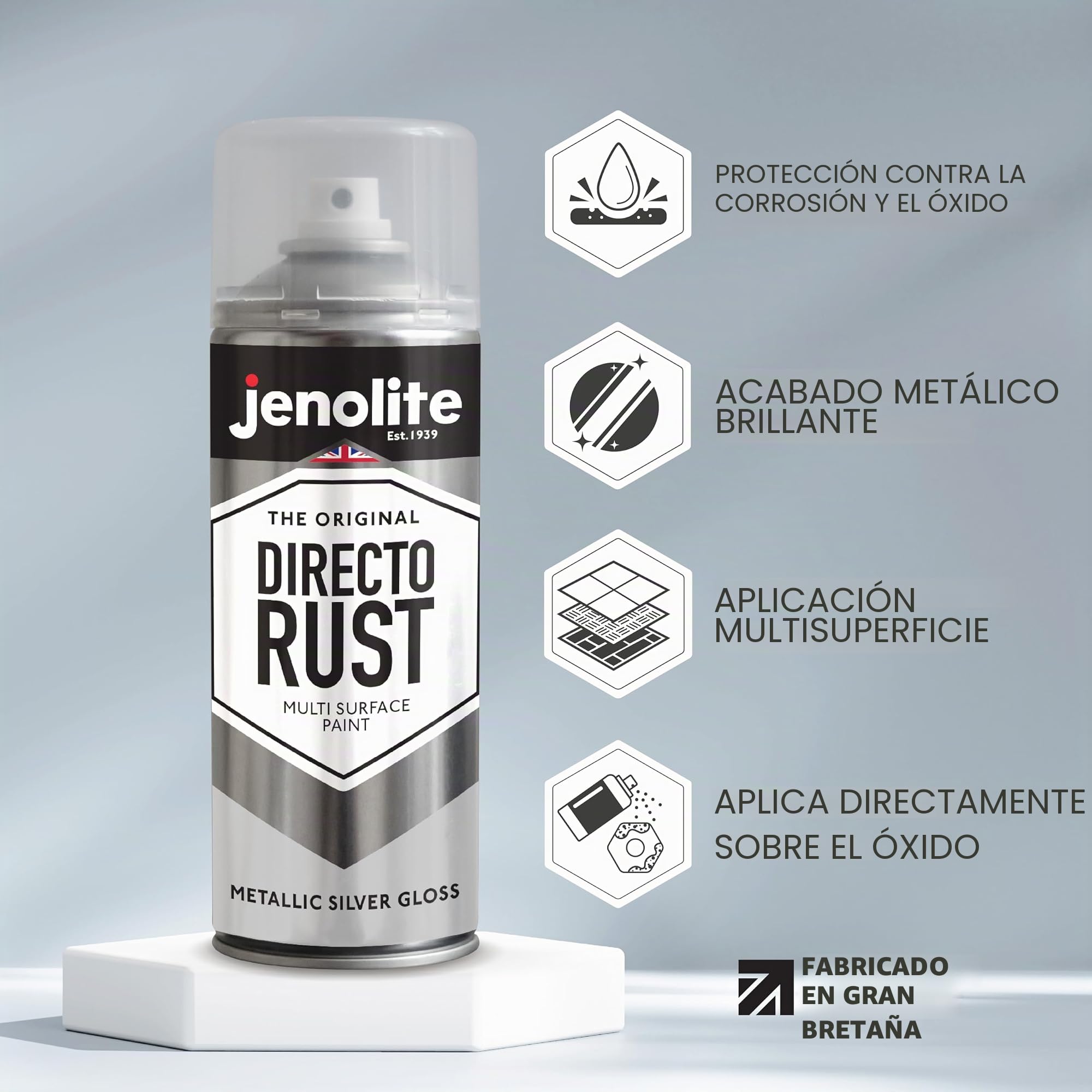 JENOLITE Directorust Pintura Metálica Brillo | PLATA | Pintura multisuperficie | Imprimador, capa base y capa superior todo en uno | 3 x 400ml