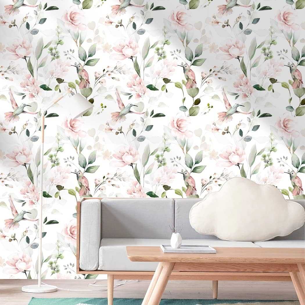 Pink Peony Peel and Stick Wallpaper Vintage Self Adhesive Flower Birds Wallpaper Removable Paper Wall Covering Shelf Drawer 17.7in x 9.8ft