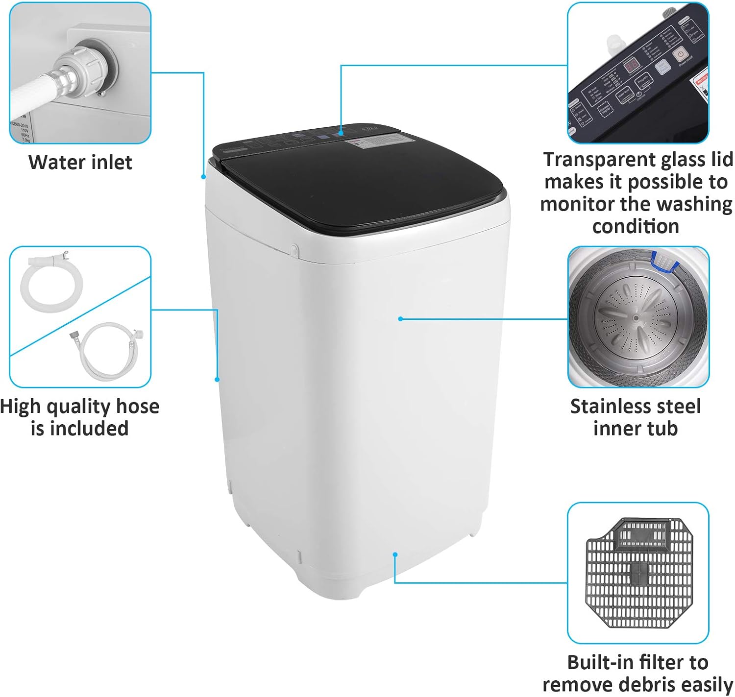 Portable Washer Nictemaw Full-Automatic Washing Machine 1.47Cu.ft Capacity Full-Automatic Compact 2 in 1 Laundry Washer with 10 programs