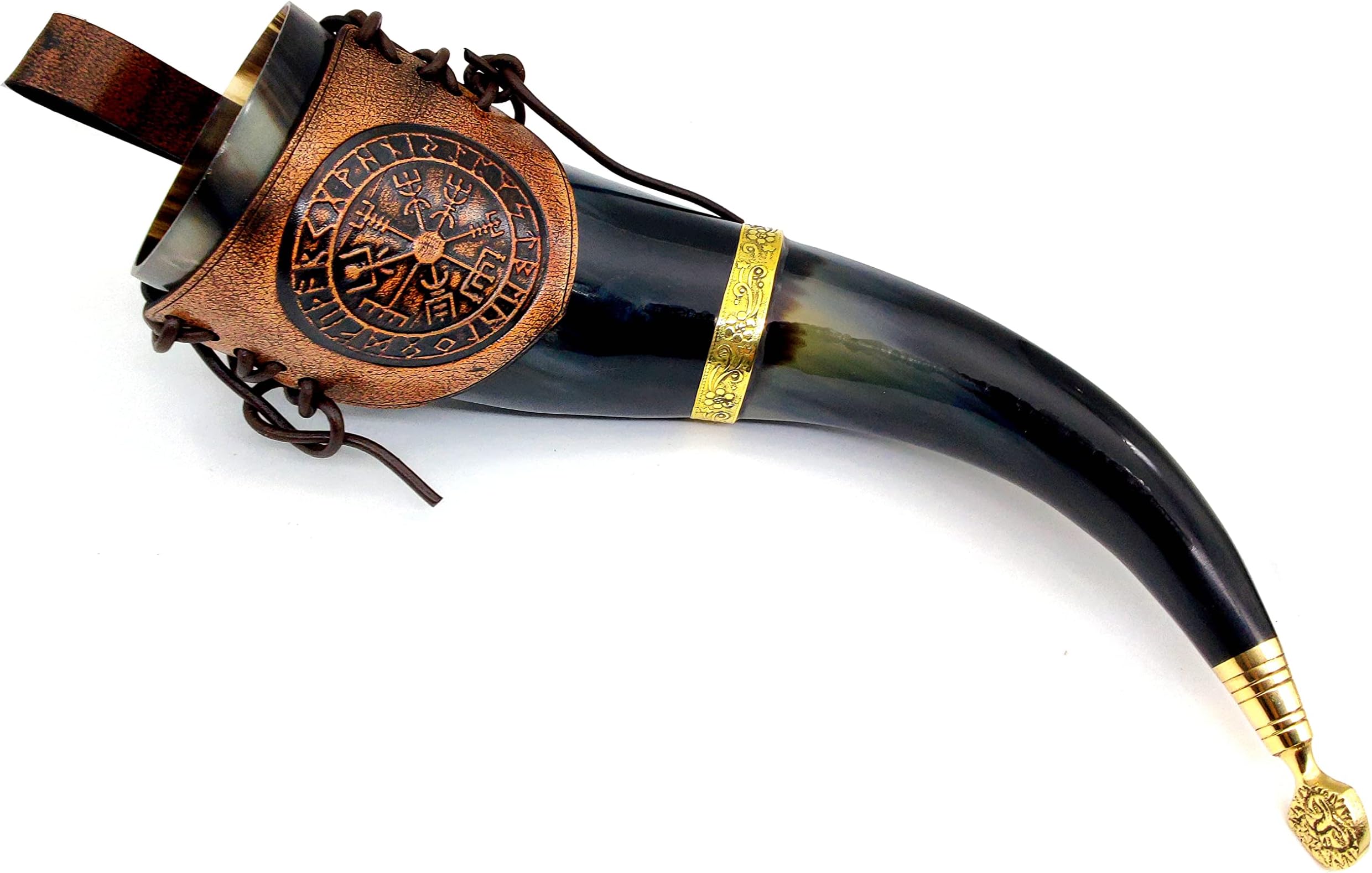 Beer horn mug GOT Brass adorned vikings horn Medieval Drinking Horn with attractive leather belt (HBM-580)