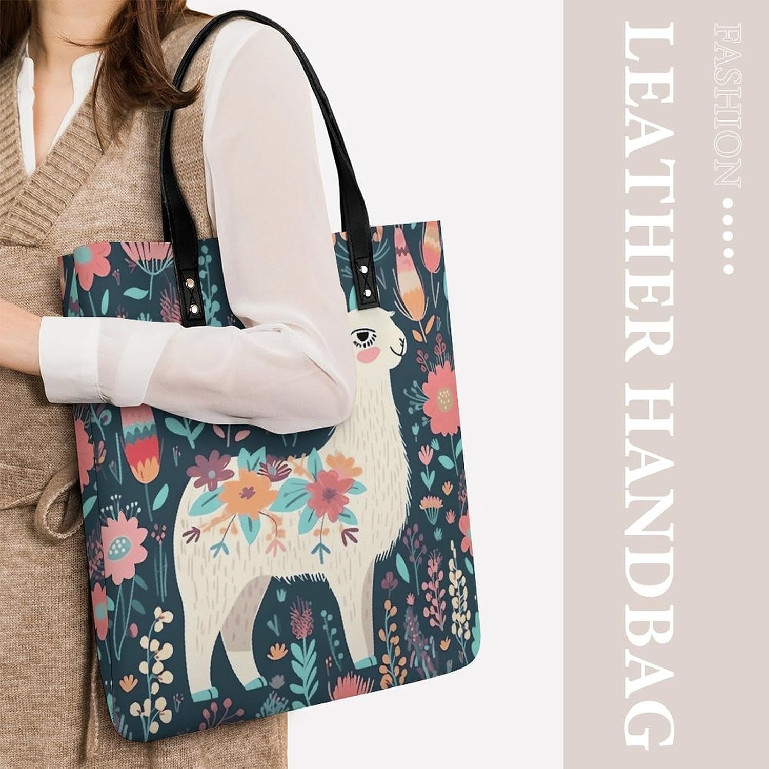 Cute Llama Floral Handbags Large Capacity, Tote Bag Stylish Slouchy, Shoulder Bags for Work Beach Travel And Shopping Grocery.