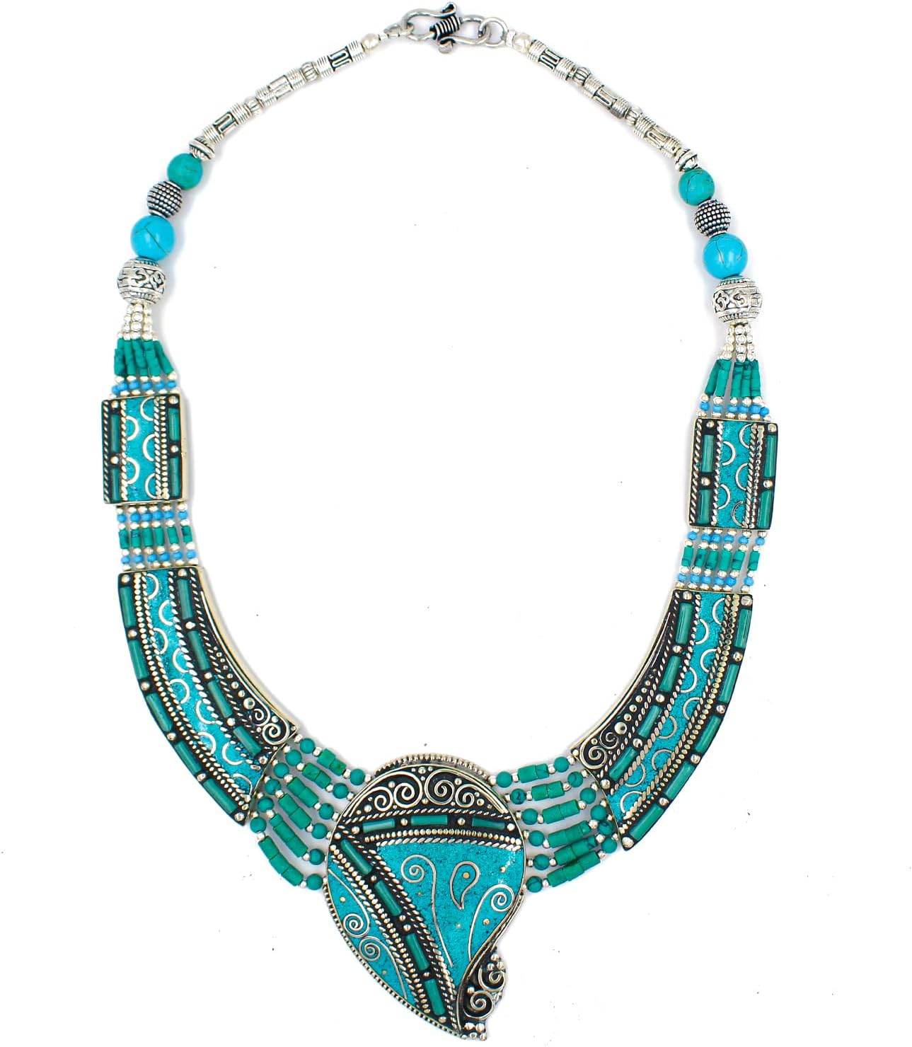 Tibetan Silver Bohemian Turquoise Tribal Collar Necklace for Women Chunky Statement Choker Festival Ethnic Jewelry