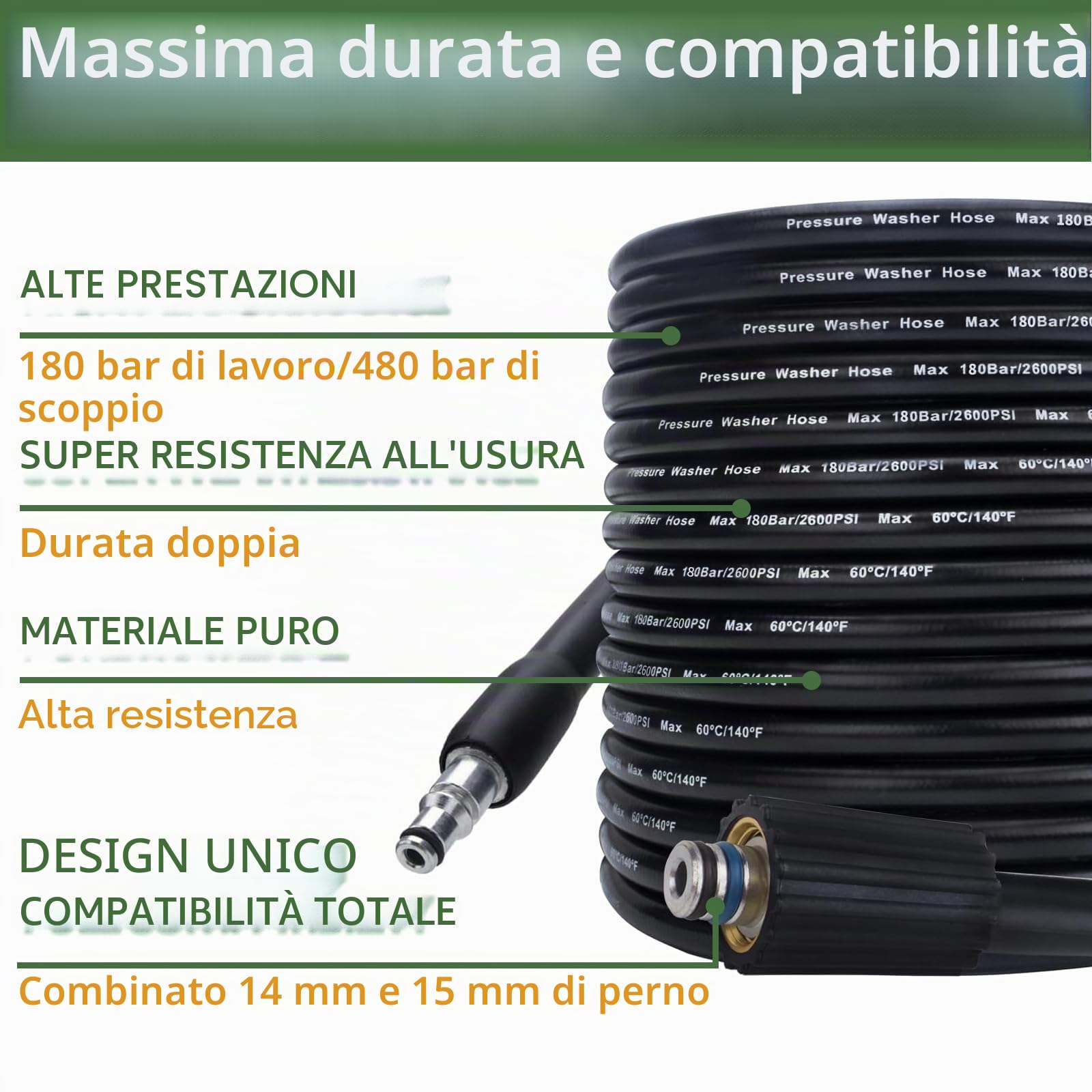 Bear Force - Tubo di ricambio ad alta pressione da 10 m x 180 bar, compatibile con il pulitore ad alta pressione Black & Decker PW1500 PW1700 / AR Blue Clean serie 200~500'