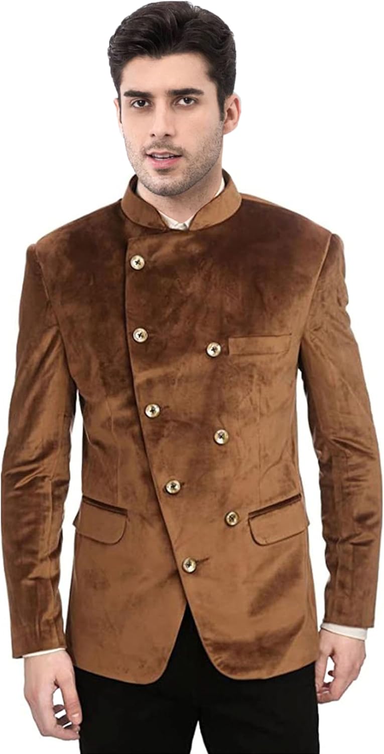 Men's Stand Lapel Velvet Blazer Doube Breasted Irregular Formal Suit Jacket Ceremony Party Outerwear