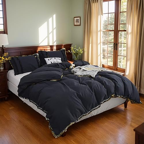 Juego de funda de edredón verde de 3 piezas, tamaño Queen, ropa de cama bohemia con volantes y borlas, funda de edredón con flecos, 100% algodón