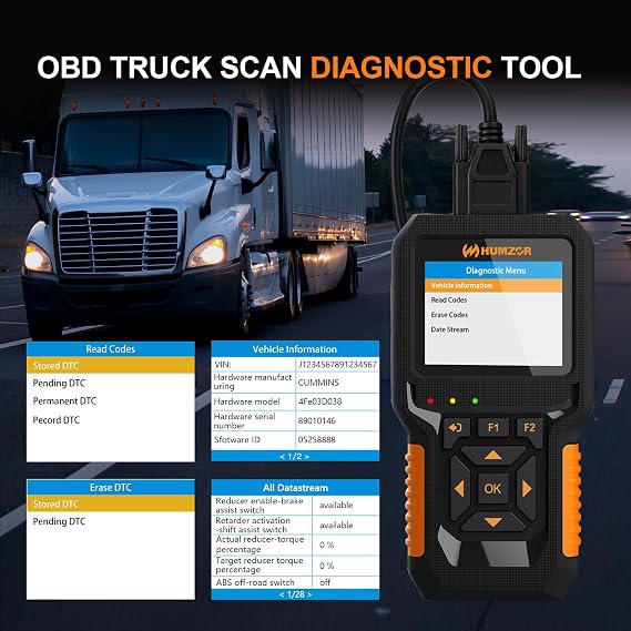 Heavy Duty Truck Scanner NC601, Diesel Diagnostic Scan Tool & Code Reader for Cummins, Freightliner, Detroit, Volvo, Paccar, 2 in 1 Truck & Car Engine Code Reader/OBD2 Scanner