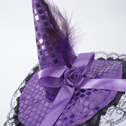 Miniatura 2 de Dzrige Sombrero de bruja de Halloween, diadema de plumas de bruja con ribete de encaje, accesorio para la cabeza para fiesta de Halloween, cosplay