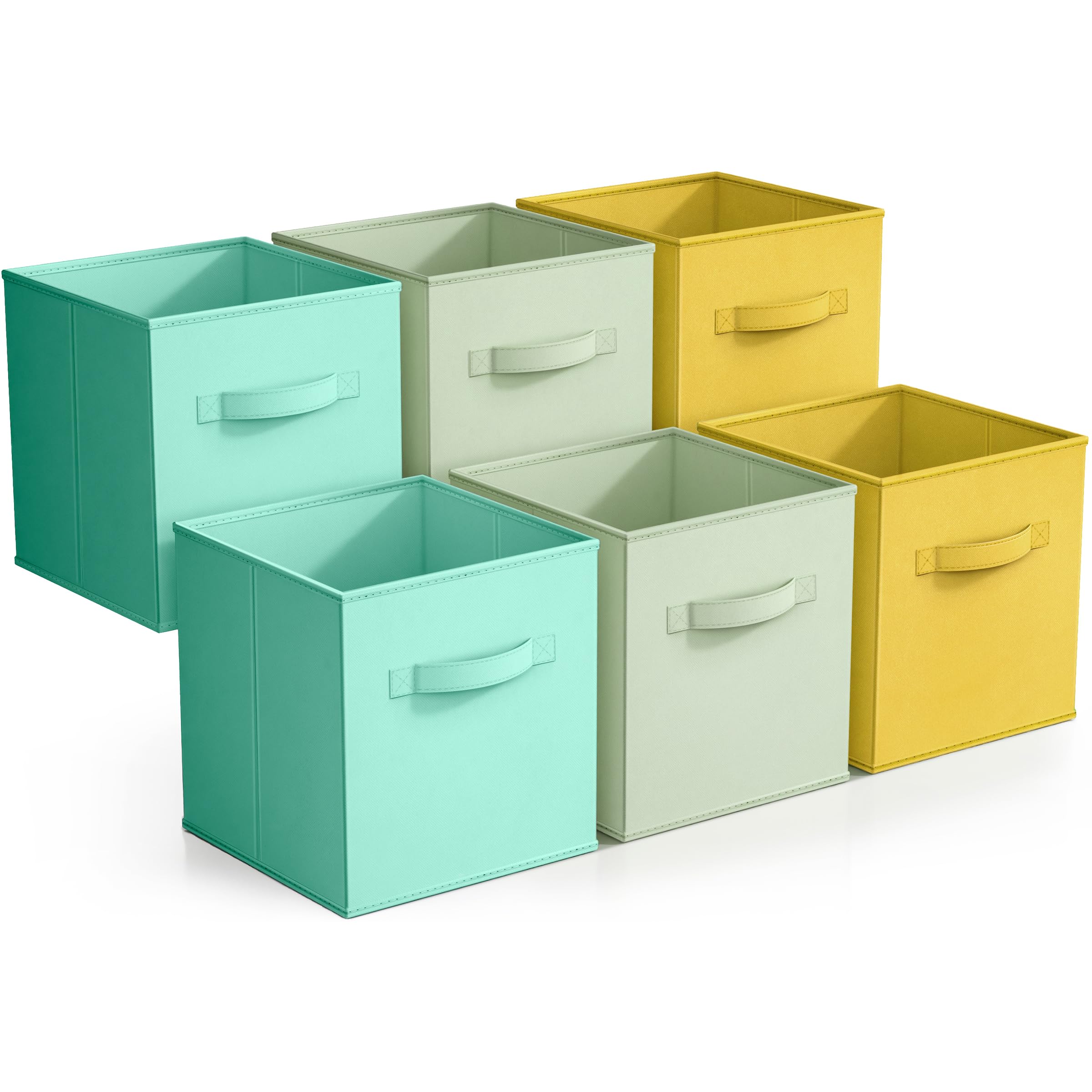 Sorbus Storage Cubes - 11" Foldable Storage Bins with Handle for Nursery, Playroom, Closet Organizers and Storage - 6 Fabric Shelf Basket for Toys, Books, Clothes - Green Yellow & Blue Storage Bins