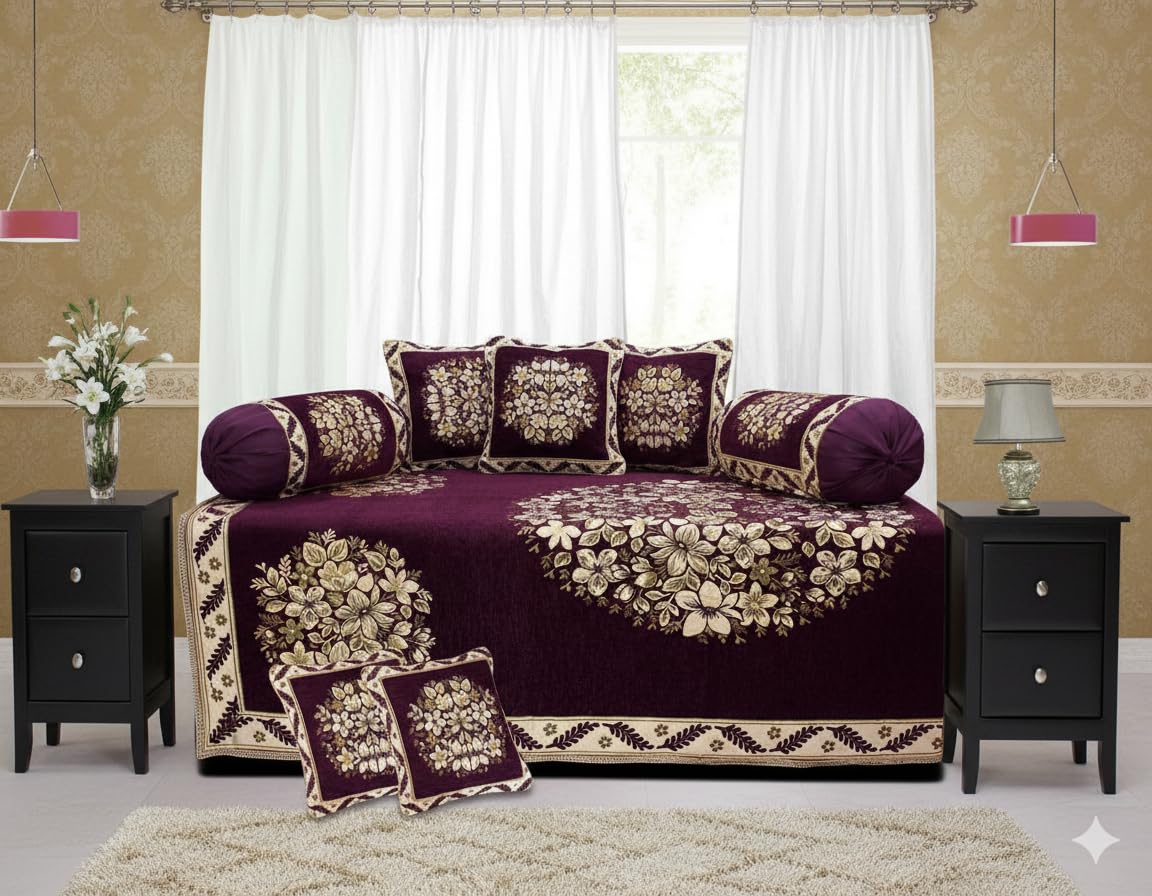 FRESH FROM LOOM Velvet Floral 500 TC Diwan Set Purple - 1 Single Bedsheet with 2 Bolster Covers and 5 Cushion Covers (8pc Set)-image-35