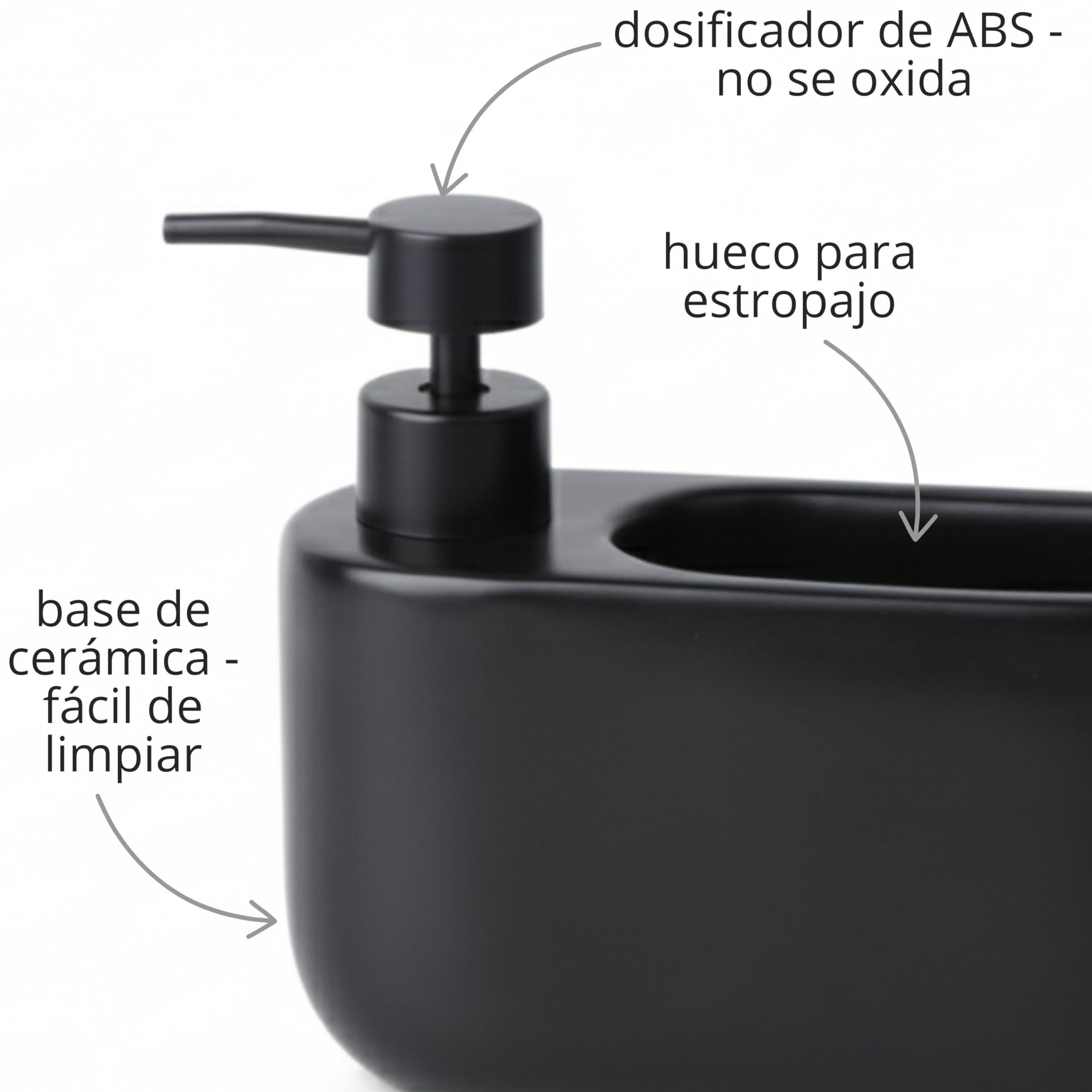 Dispensador de Jabón Cocina con Estropajero 520 ml Curve - Dosificador de Cerámica y Soporte para Esponja. Organizador de Fregadero Estrecho. 18 x 7.3 x 15 cm. - Negro Mate - 3