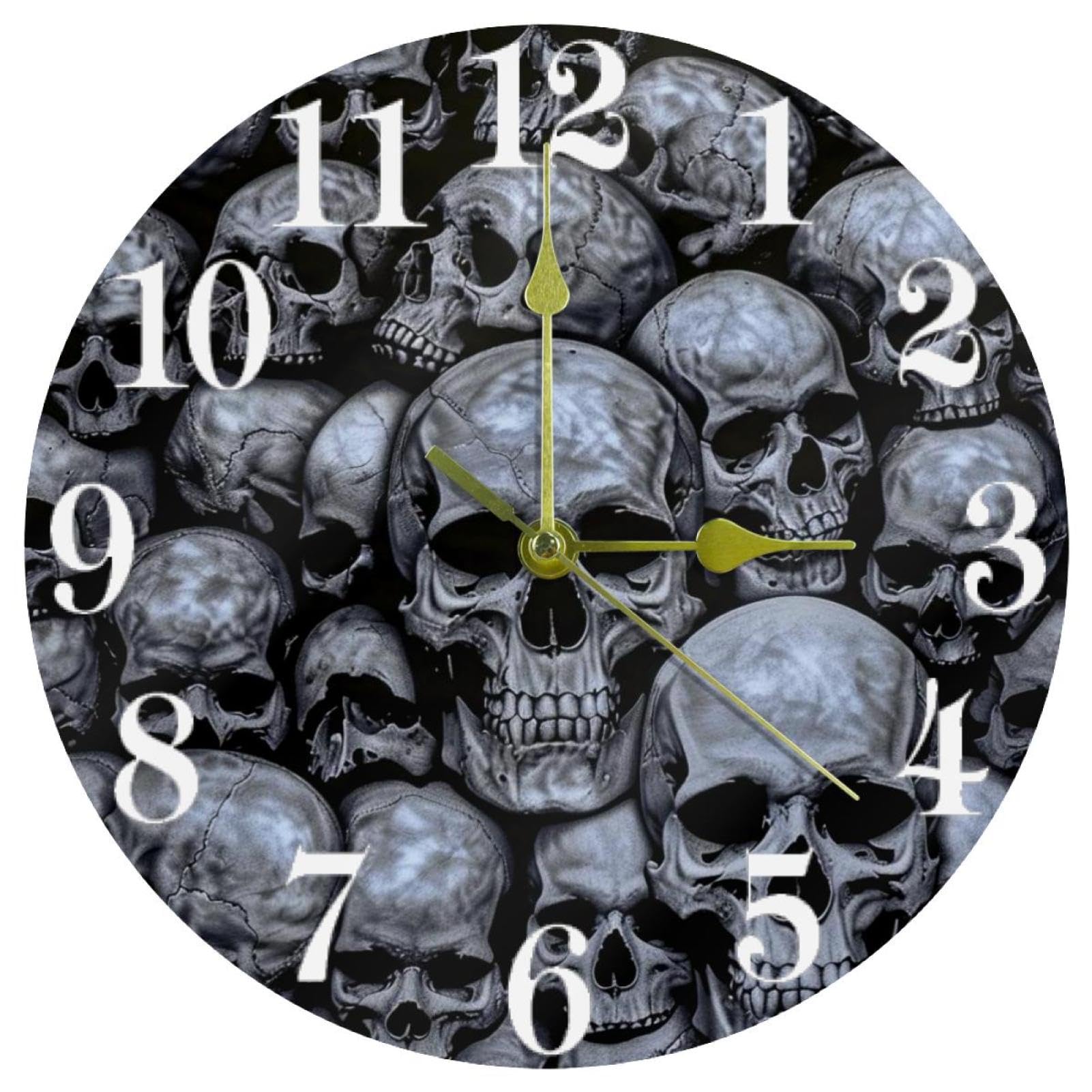 Horloge murale gothique tête de mort ronde et silencieuse pour salon et bureau