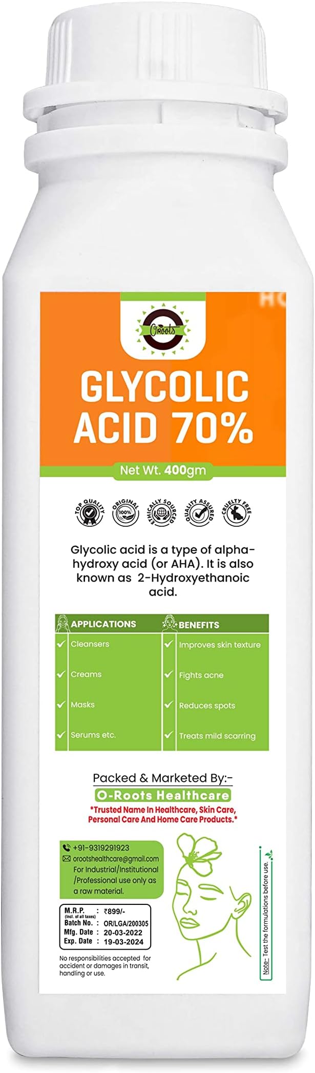 OROOTS GLYCOLIC ACID(70%) (400gm) RAW for Cleansers, moisturizers, cream, masks and other D.I.Y Beauty products Etc.