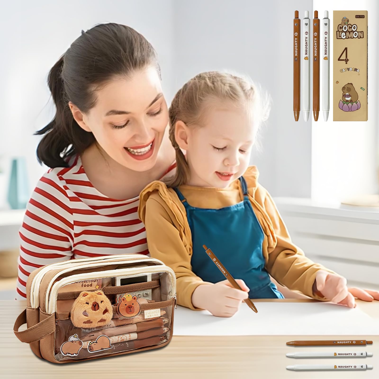 Trousse Capybara Ensemble Papeterie avec Stylo Autocollants Pins Porte-clés Blocs-Notes Grande Capacité Cadeau Fille Garçon