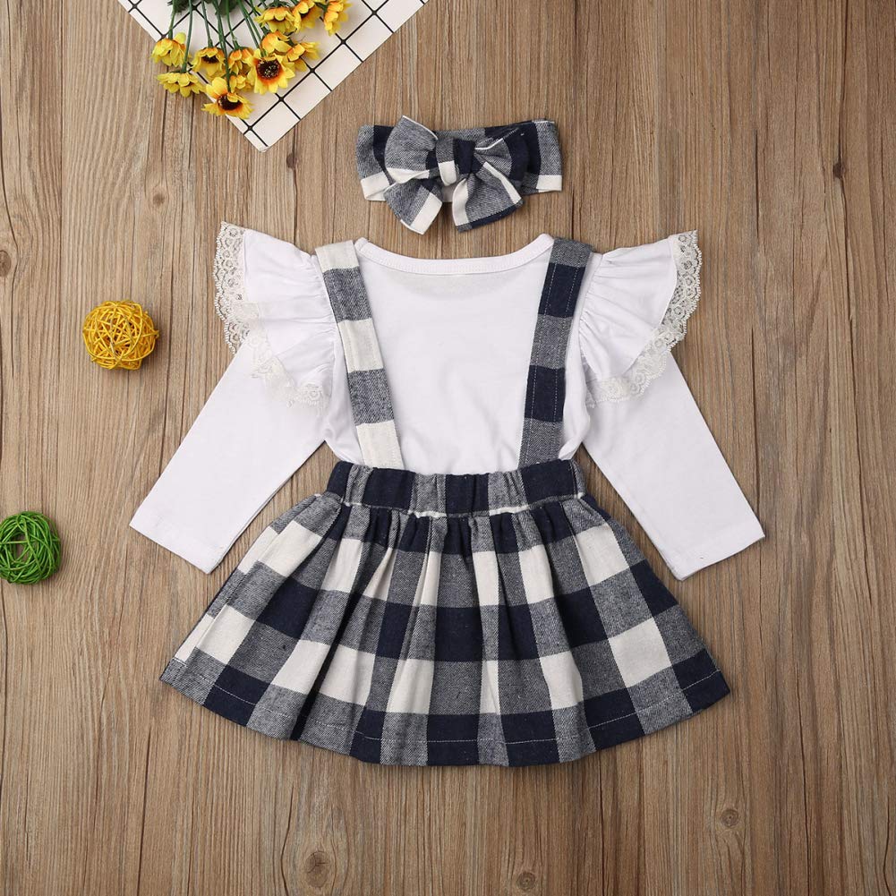 2Pcs/Set Christmas Baby Girl Long Sleeve Tops+Overalls Strap Dress Outfits Toddler Clothes (White Flutter Long Sleeve top+Black Plaid Halter Dress+Headband, 1-2 Years)