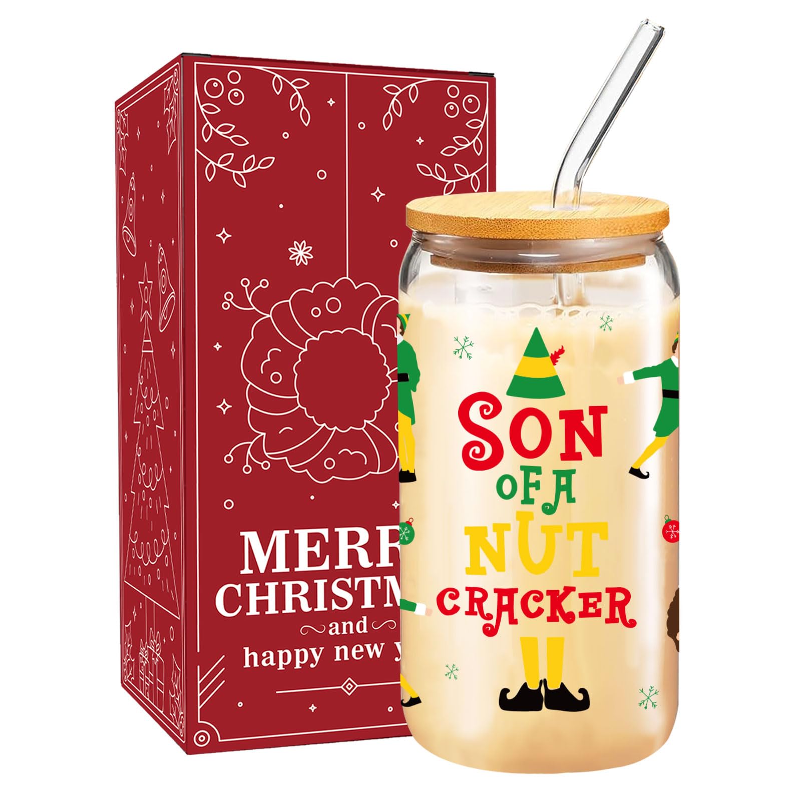 Buddy The Elf Merch Gifts, Funny Christmas Glass Cup for Women Men, 16 oz Elf Glass Cup with Lid and Straw, Beer Coffee Drinking Glass Tumbler Party Supplies, White Elephant Gifts Stocking Stuffers