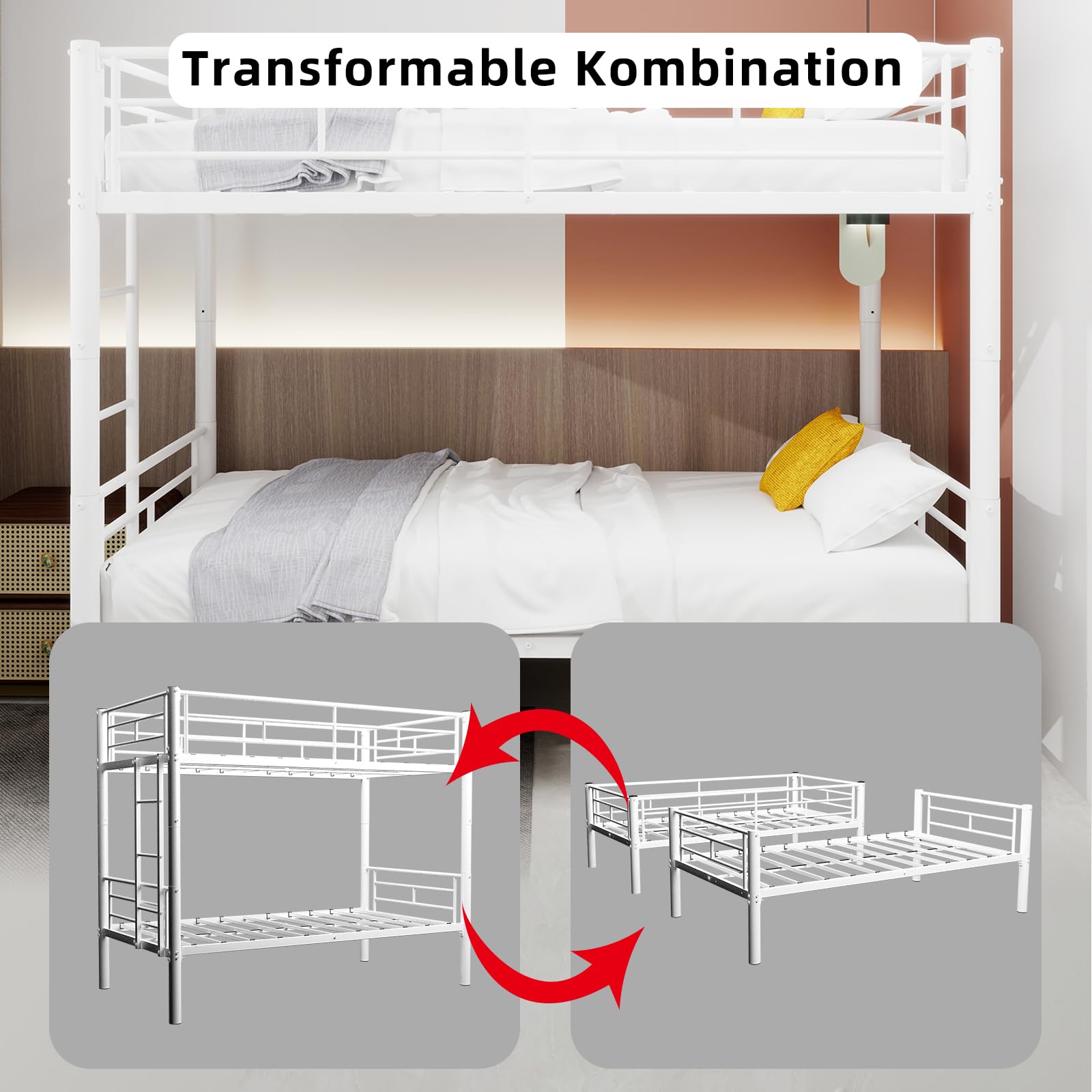 Cama alta para niños, litera de metal, convertible, 2 camas, no requiere caja de muelles, con escalera y barandilla de longitud completa, para adolescentes y adultos (blanco A, 90 x 190 cm)