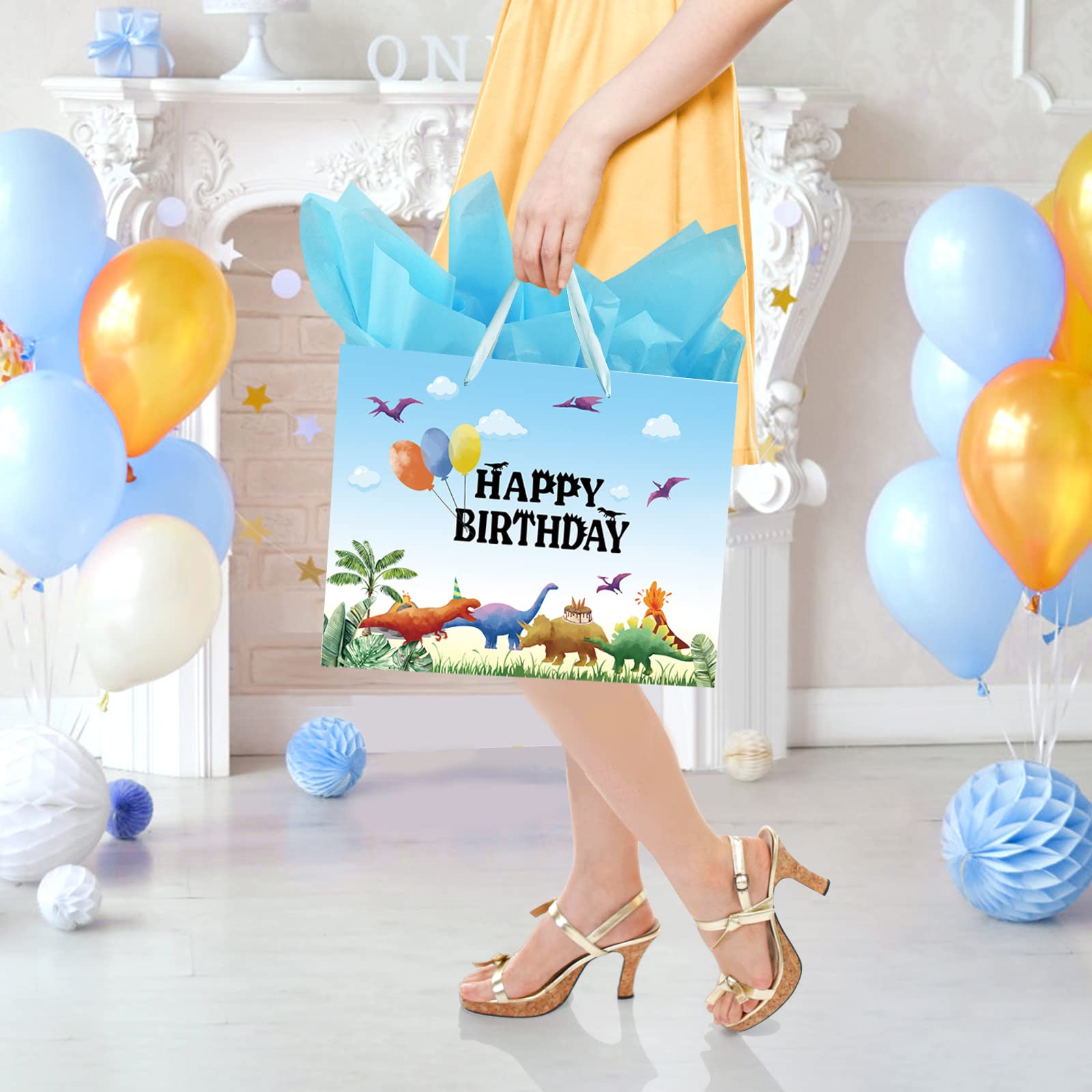 13" Large Watercolor Dinosaur Birthday Gift Bag for Boy Kids with Card and Tissue Papers (13" Blue)