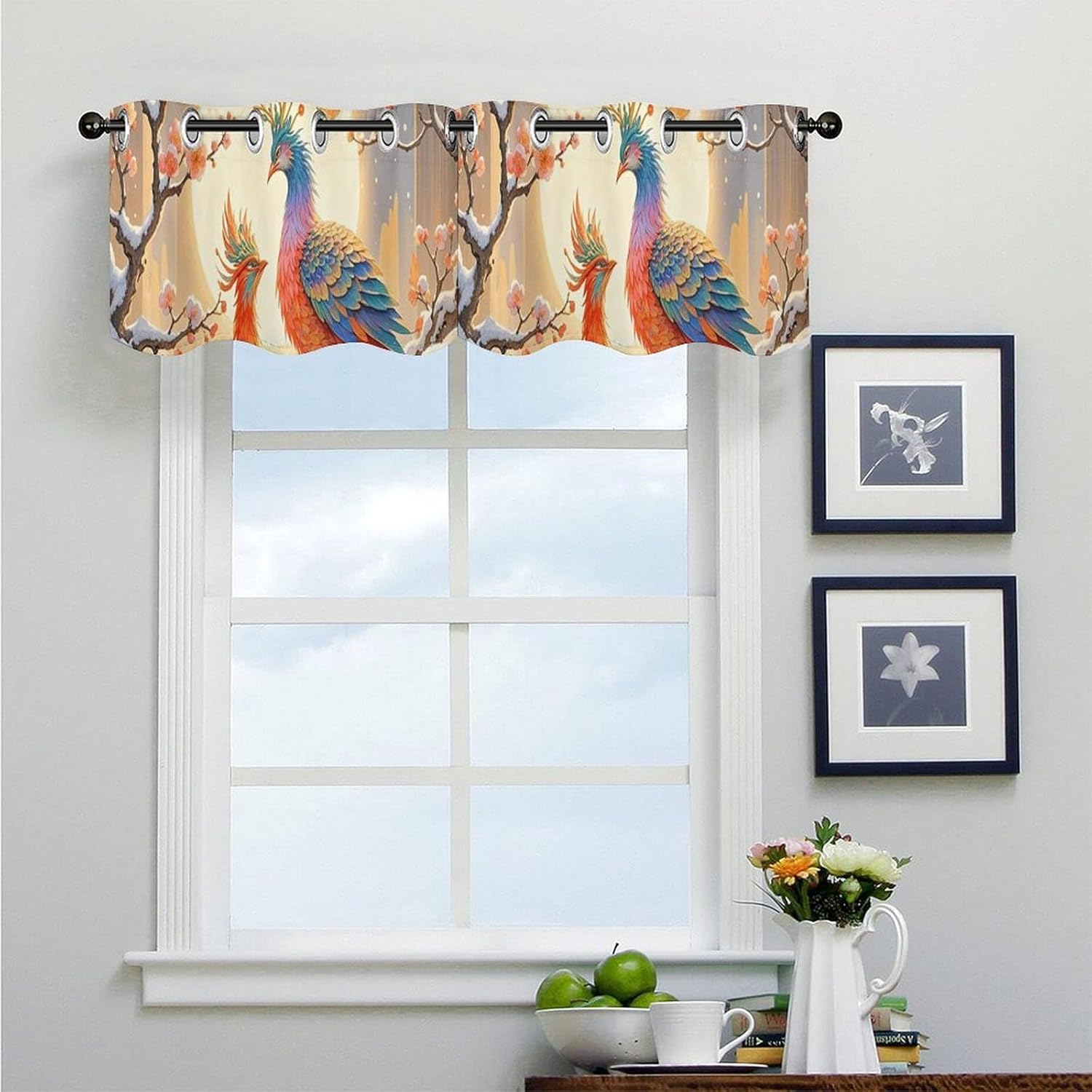 Two Phoenixes in Winter Valance for Windows, 2 Pack Kitchen Curtains Modern Home Decor, Soft Blackout Window Curtains for Living Room & Bedroom, 18 X 52 Inch