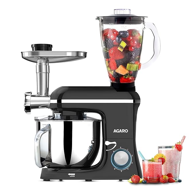 AGARO Regency Stand Mixer With Meat Grinder,1400W with 6L SS Bowl, 1.5L Blending Jar, 6 Speed With Pulse Function, 100% Copper Motor, Whipping, Kneading, Blending, Black