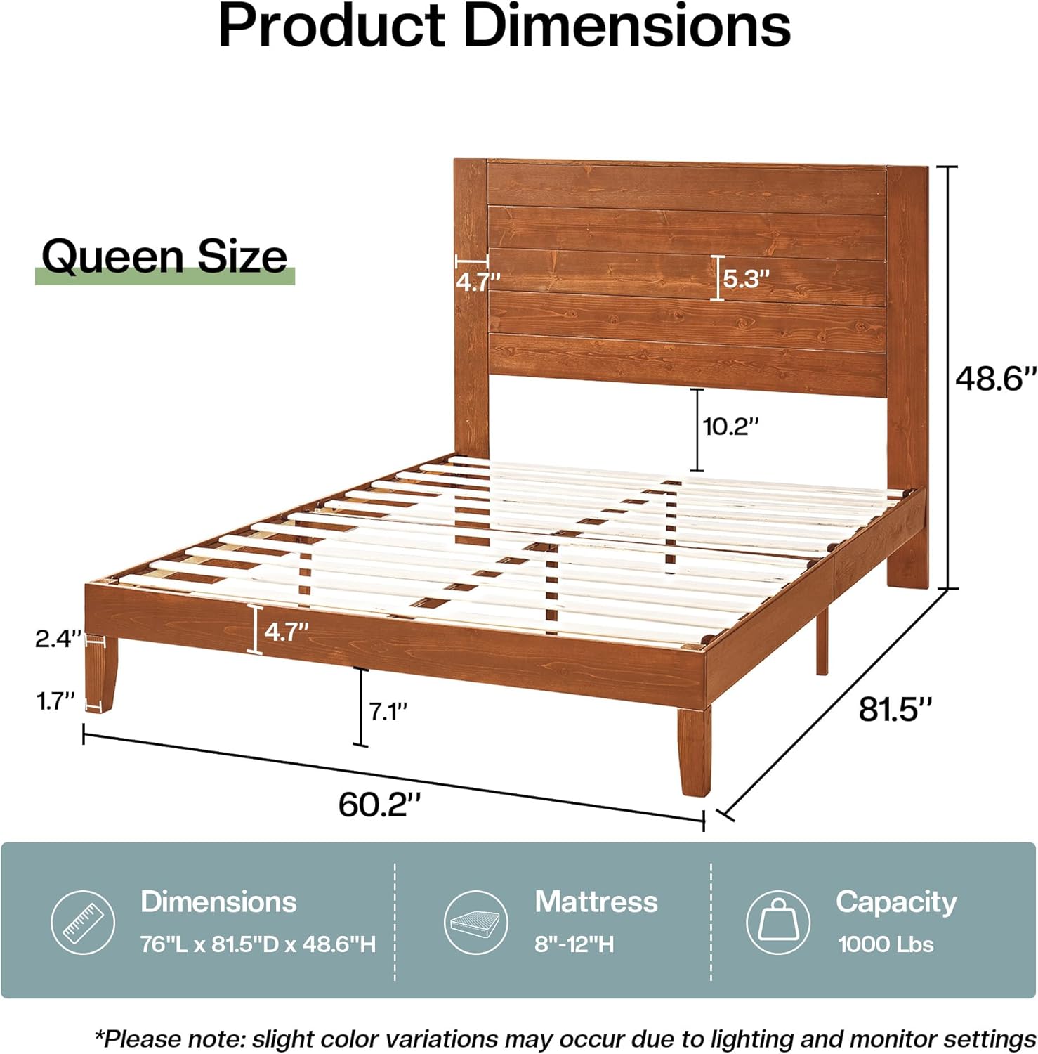 Jocisland Farmhouse Solid Wood Queen Size Bed Frame with 48'' High Headboard, Rustic Platform Bed with Under-Bed Storage, No Box Spring Needed, Heavy Duty Support for Bedroom, Light Brown