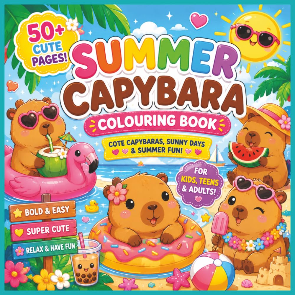Summer Capybara Colouring Book: Cute Sunny Capybaras, Beach Fun & Relaxing Bold Easy Colouring Pages for Kids, Teens & Adults