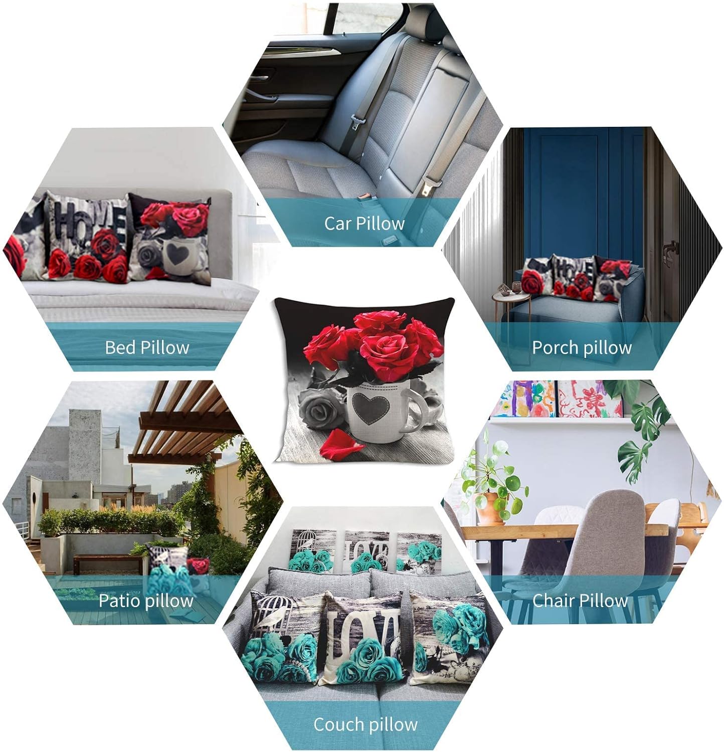 Turquoise Throw Pillows Covers 18x18 Set of 4 Farmhouse Grey Teal Pillow Cover for Couch Outdoor Patio Furniture Decorative Linen Cotton Rose Flower Cushion Case Living Room Bed Sofa Home Decorations