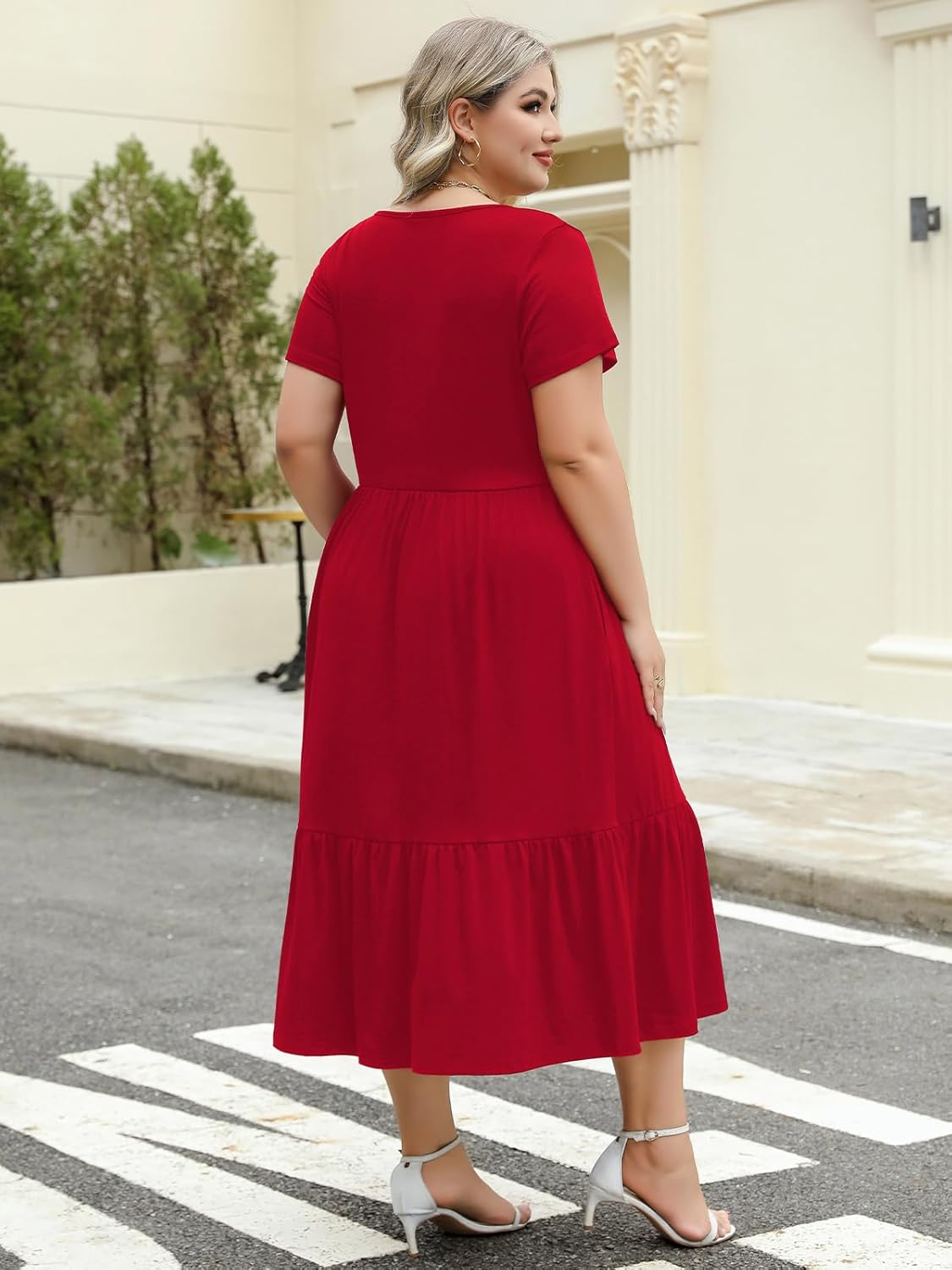Women's Plus Size Midi Casual Dress with Pockets 1X-4X Tiered Short Sleeve Relax Fit Crewneck Summer Dresses - Image 7