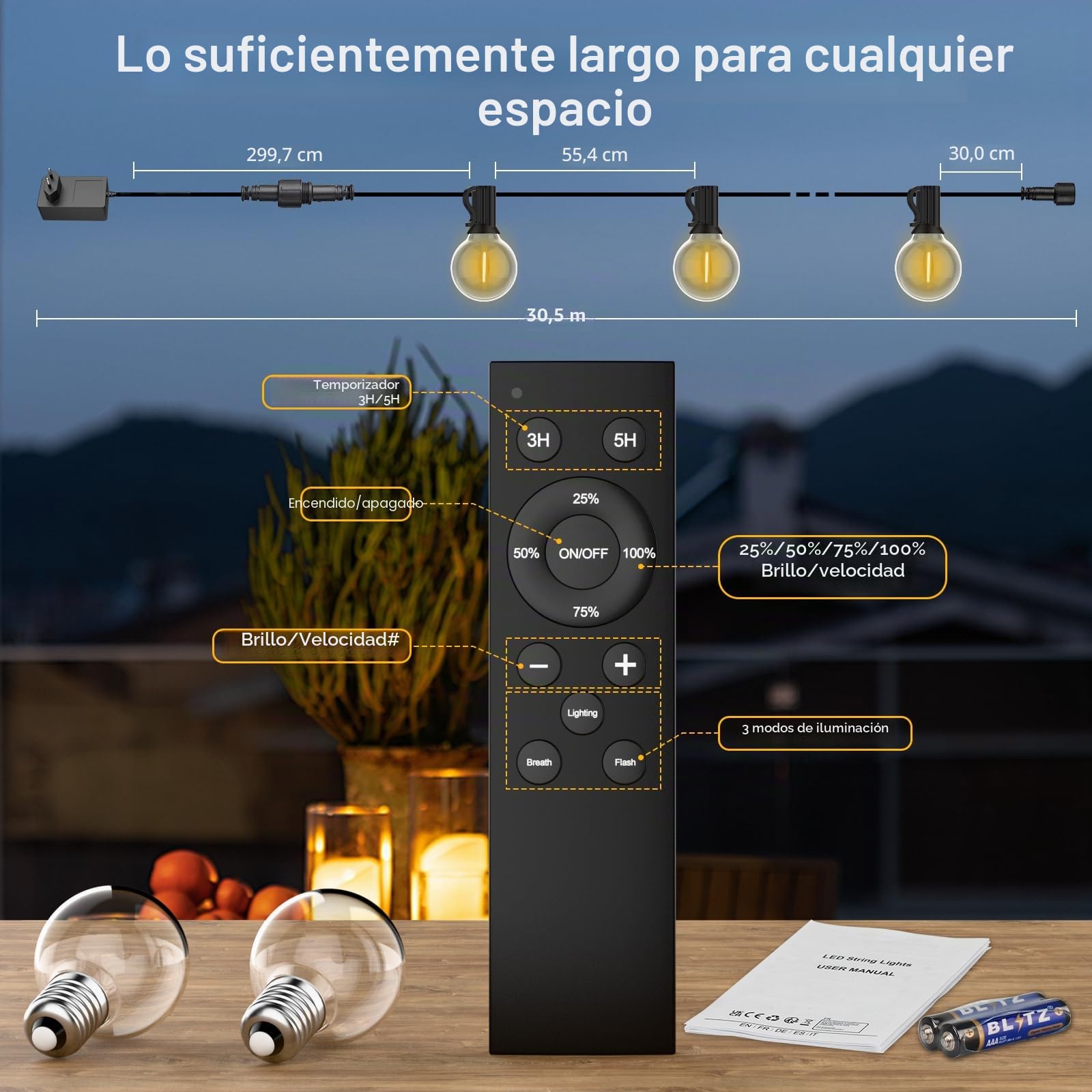 Guirnalda Luces Exterior Regulables, 30M Luces Exterior Jardin con Control Remoto, 50+2 LED Bombillas, IP45 Impermeable, Baja Tensión 24V, Blanco Cálido para Patio, Balcón, Camping, Fiestas