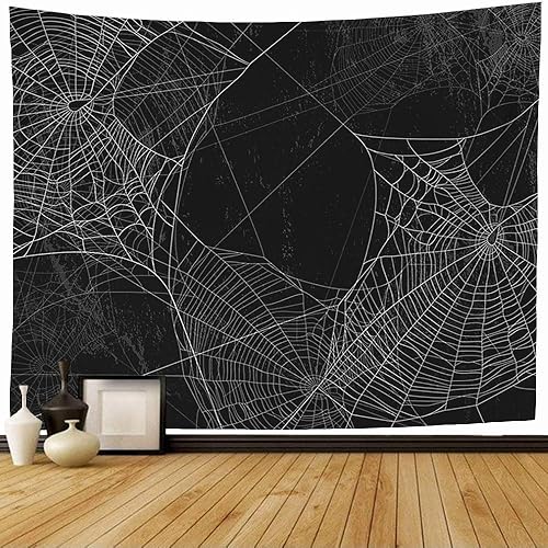 Tapiz decorativo de araña con silueta de tela contra negro aterrador diseño de pared espeluznante, texturas espeluznantes, vacaciones, tapiz gris