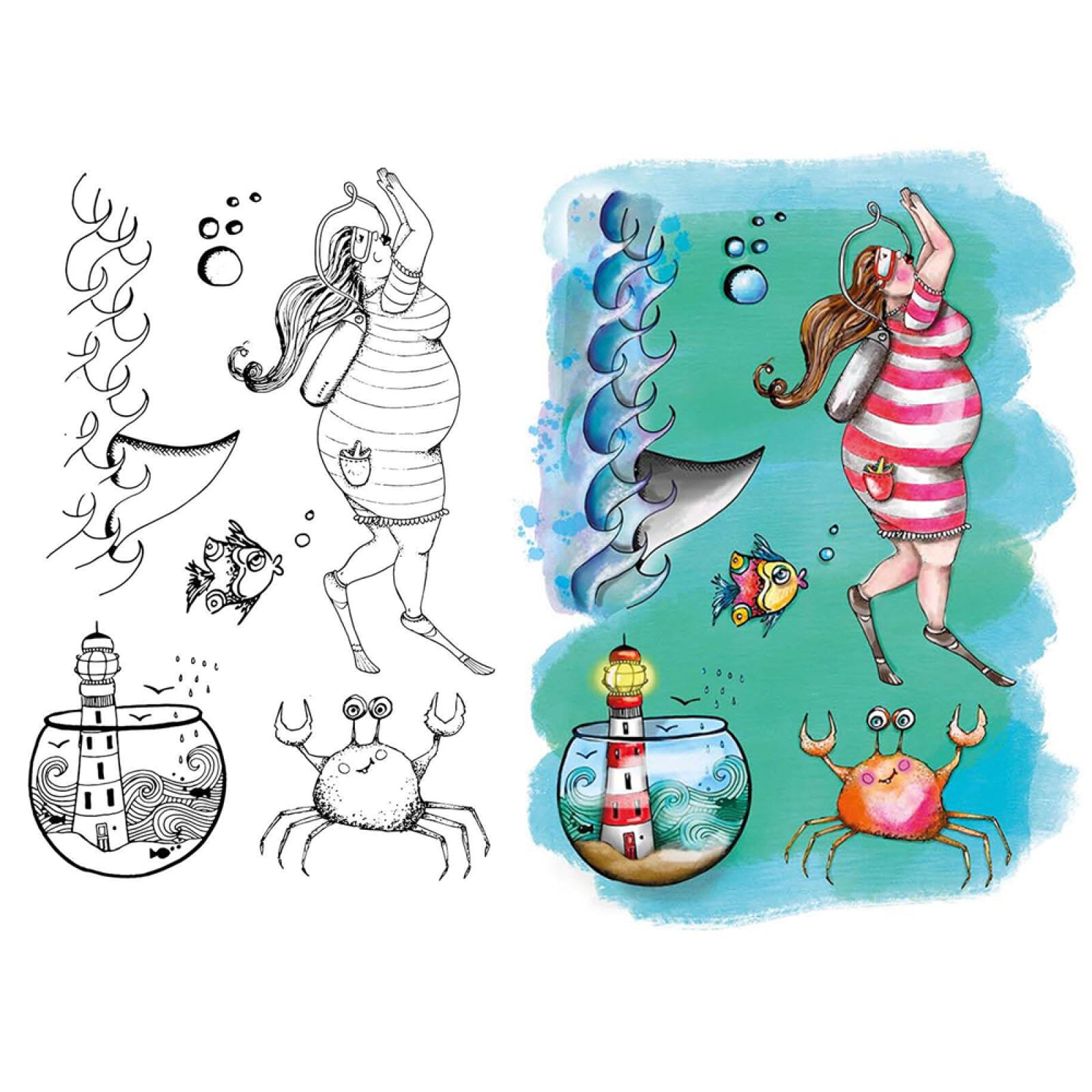 Beauty Girls Under the Ocean Stamps for Card Making Fishes Tank Crab Transparent Silicone Seal Stamping Stamp for Paper Crafting DIY Scrapbooking Handmade Crafts Scrapbook Photo Album Decor