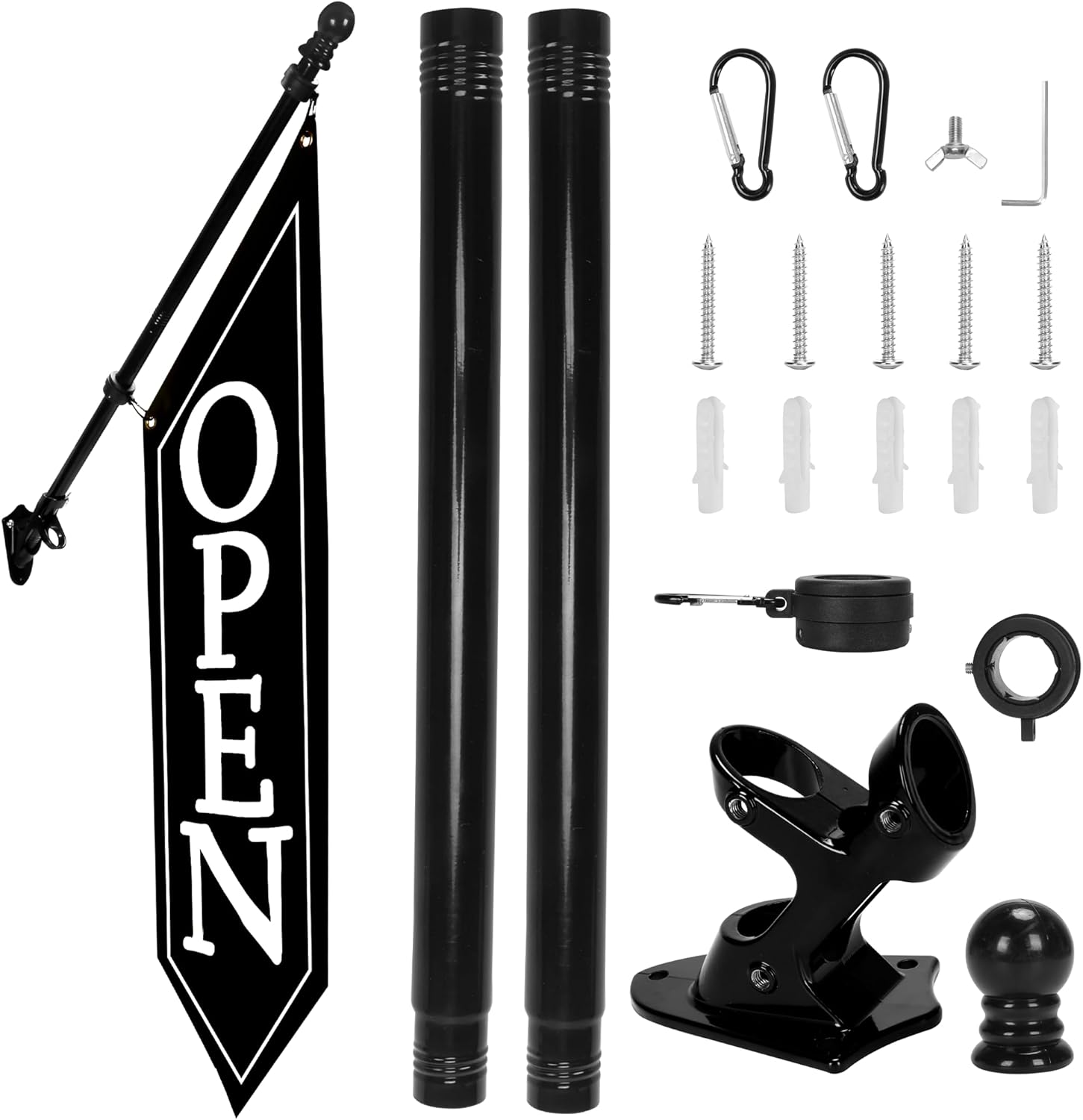 OPEN Flag with Pole Kit - Heavy Duty Canvas Open Banner for Business Storefront, 42x12 Inch Outdoor Double-Sided Sign with Bracket - Advertising Signage for Retail & Shops (Black)