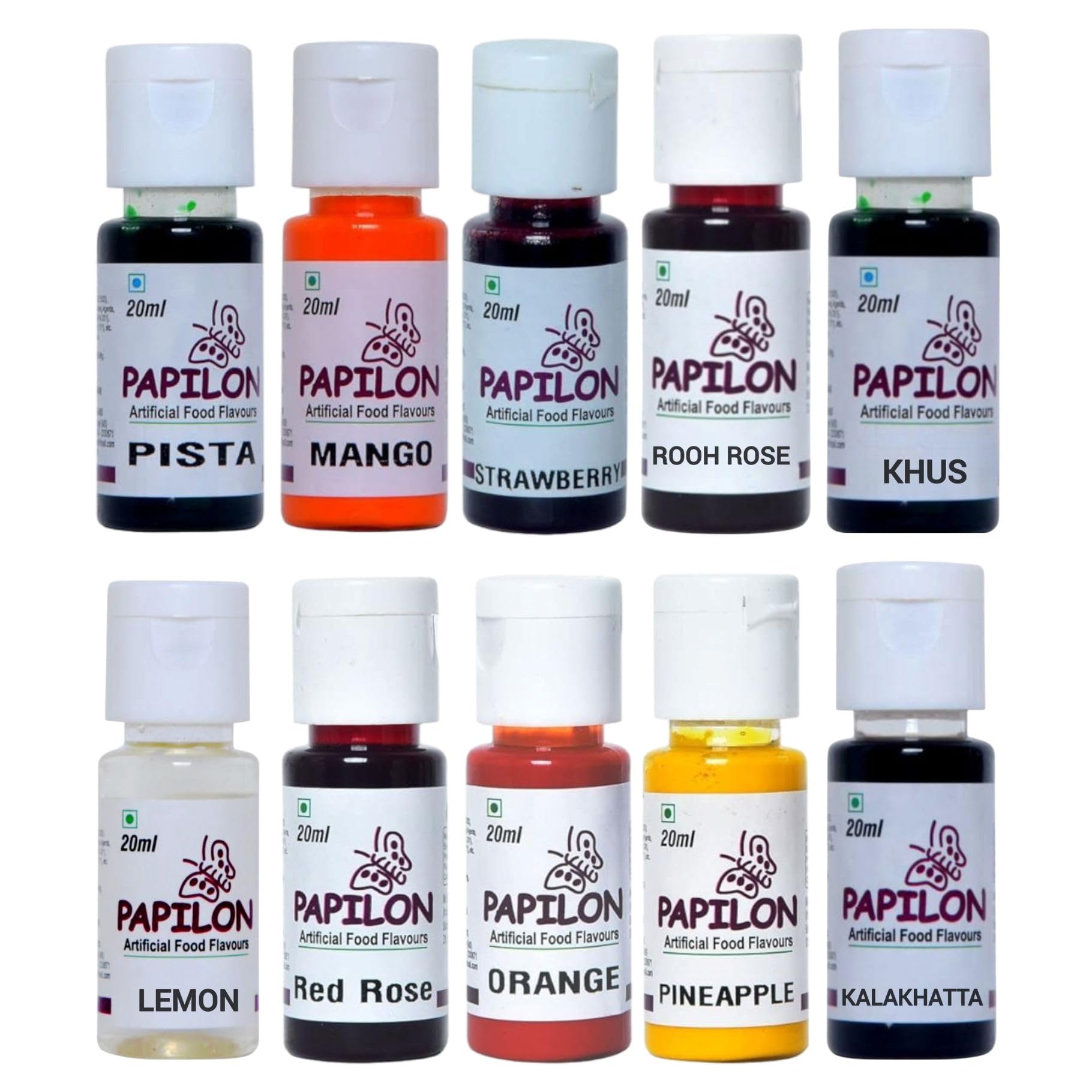Papilon Concentrated Flavouring Emulsion pack of 10 Bottle(20ml Each) for Icecream/Gola /Ice candy