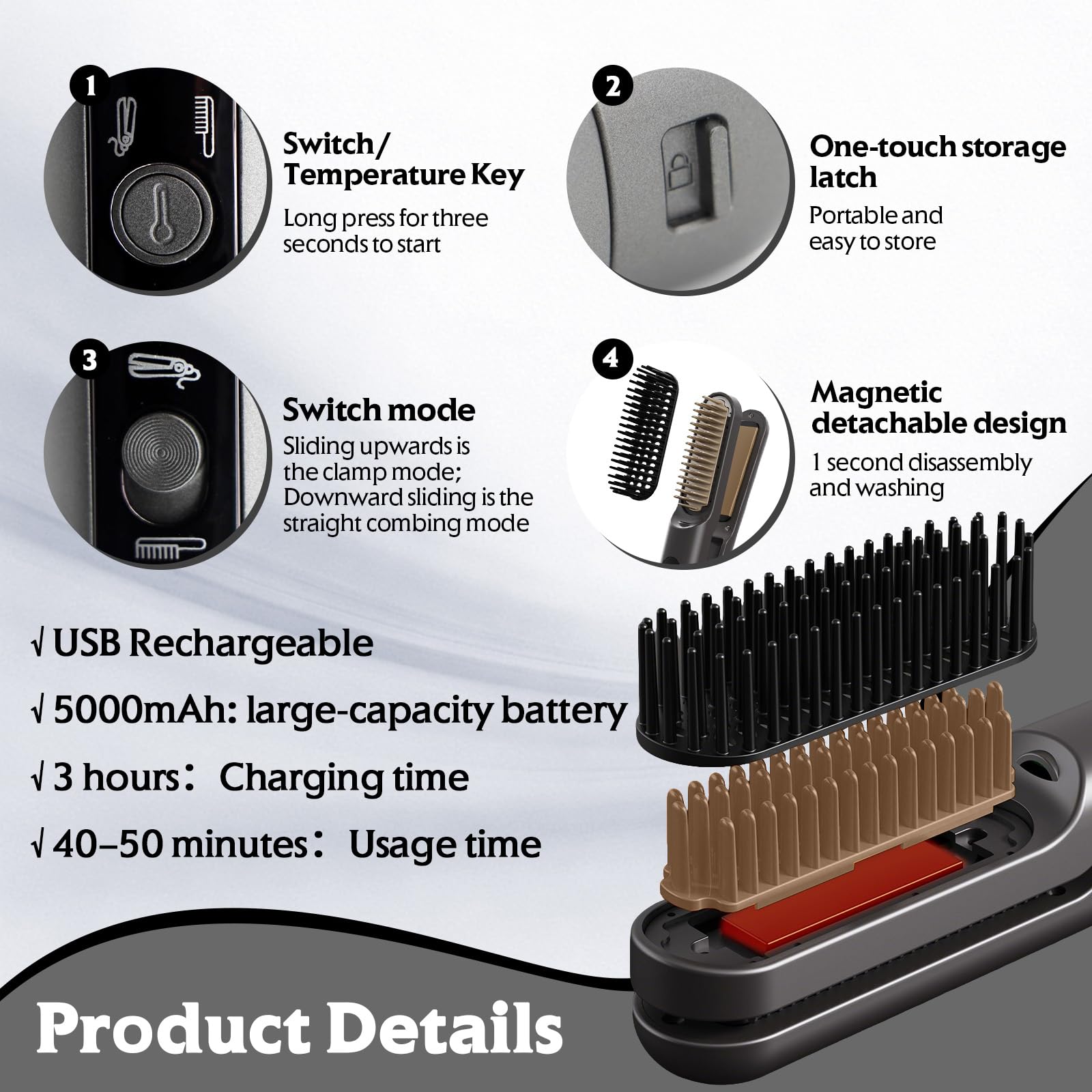 Scettar Spazzola lisciante per capelli senza fili, 2 in 1, ricaricabile, portatile, con 5000 mAh, ideale per viaggi, ferro da stiro e spazzola combinata per uno styling liscio e senza crespo (nero)