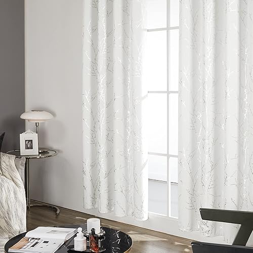 Miniatura 4 de Deconovo Cortinas  Estampado de ramas en flor plateadas, aislamiento térmico, reducción de ruido, cortinas de privacidad para dormitorio y sala de