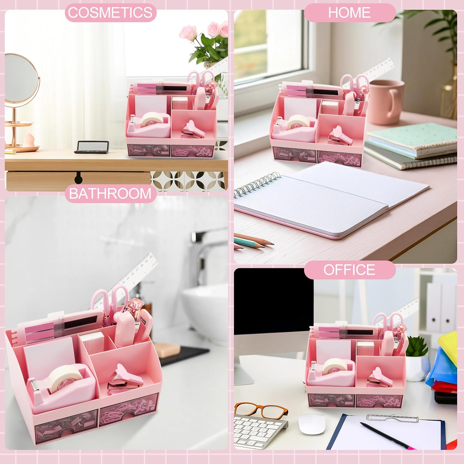 18 Pack Pink Office Supplies Desk Accessories for Women Desk Organizer Box Calculator Staple Remover Stapler Scissors Clips Mouse Pad Sticky Notes Index Notes Tape Dispenser Ruler Tap Pen - Image 6