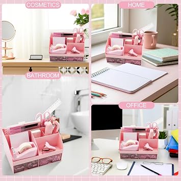 Feifeiya 18 Pack Pink Office Supplies Desk Accessories for Women Desk Organizer Box Calculator Staple Remover Stapler Scissors Clips Mouse Pad Sticky Notes Index Notes Tape Dispenser Ruler Tap Pen