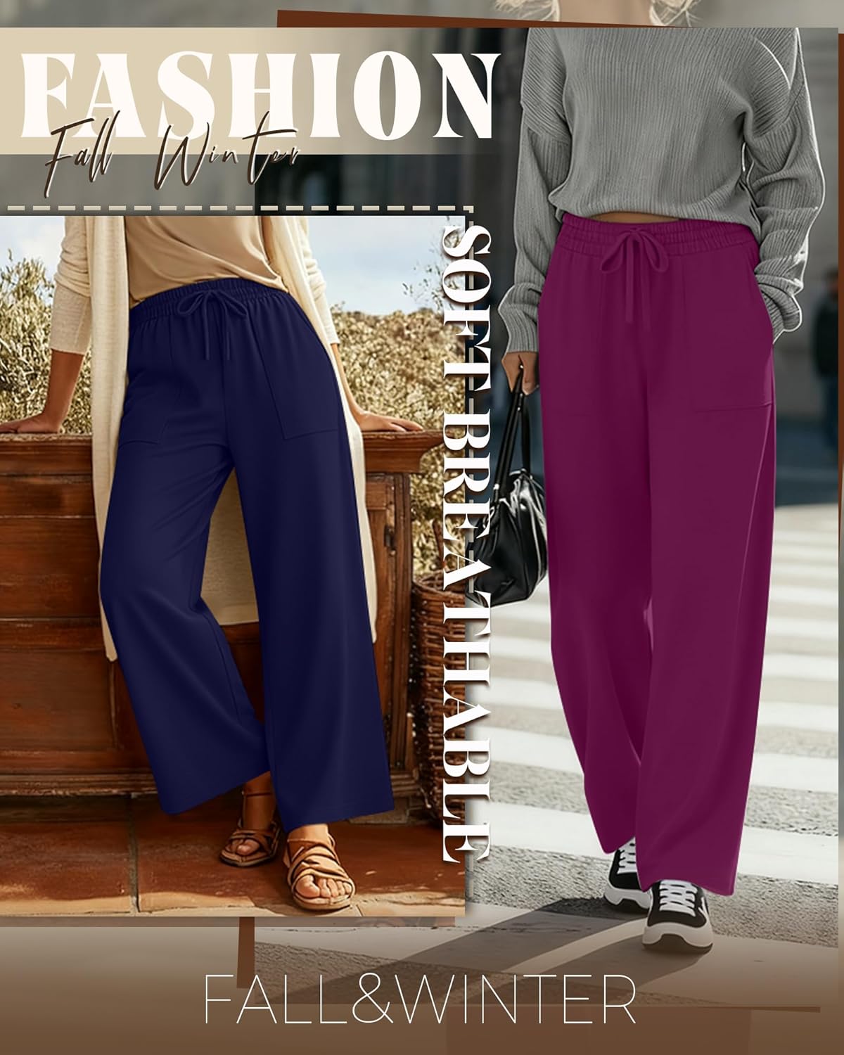 Evervibe 3 Pack Plus Size Pants for Women Wide Leg Casual Pant Drawstring Stretchy Waist Trousers with Pockets
