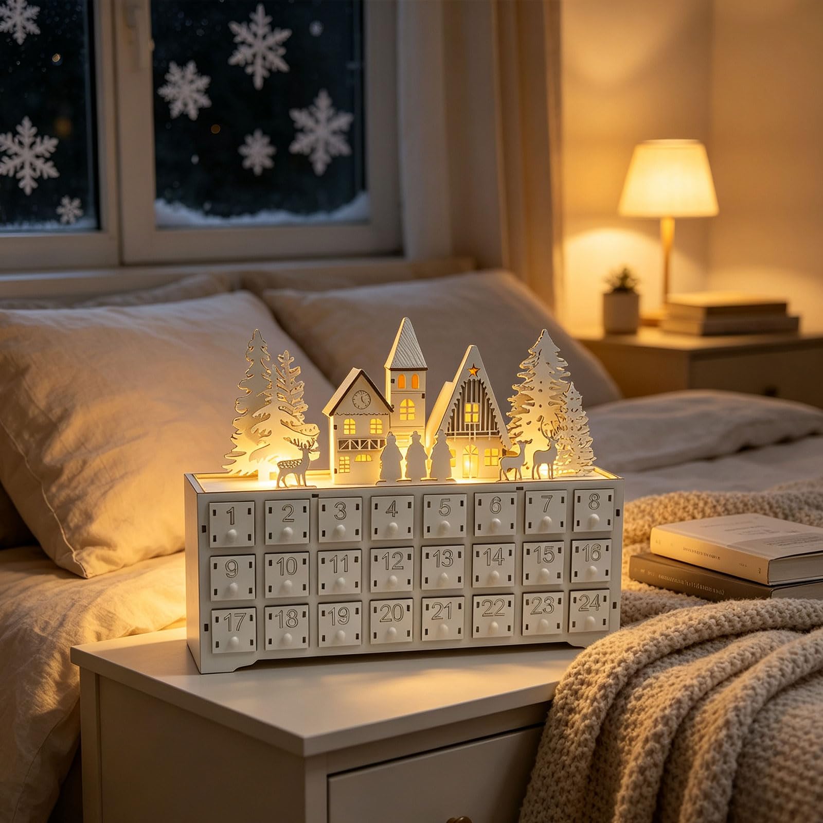 Eingangstisch, Weihnachtsdekoration, Weihnachts Adventskalender aus Holz mit 24 Schubladen, freistehendes Dorf Countdown Aufbewahrungsstück für kleine Überraschungen, Adventsschubladen Dekoration,