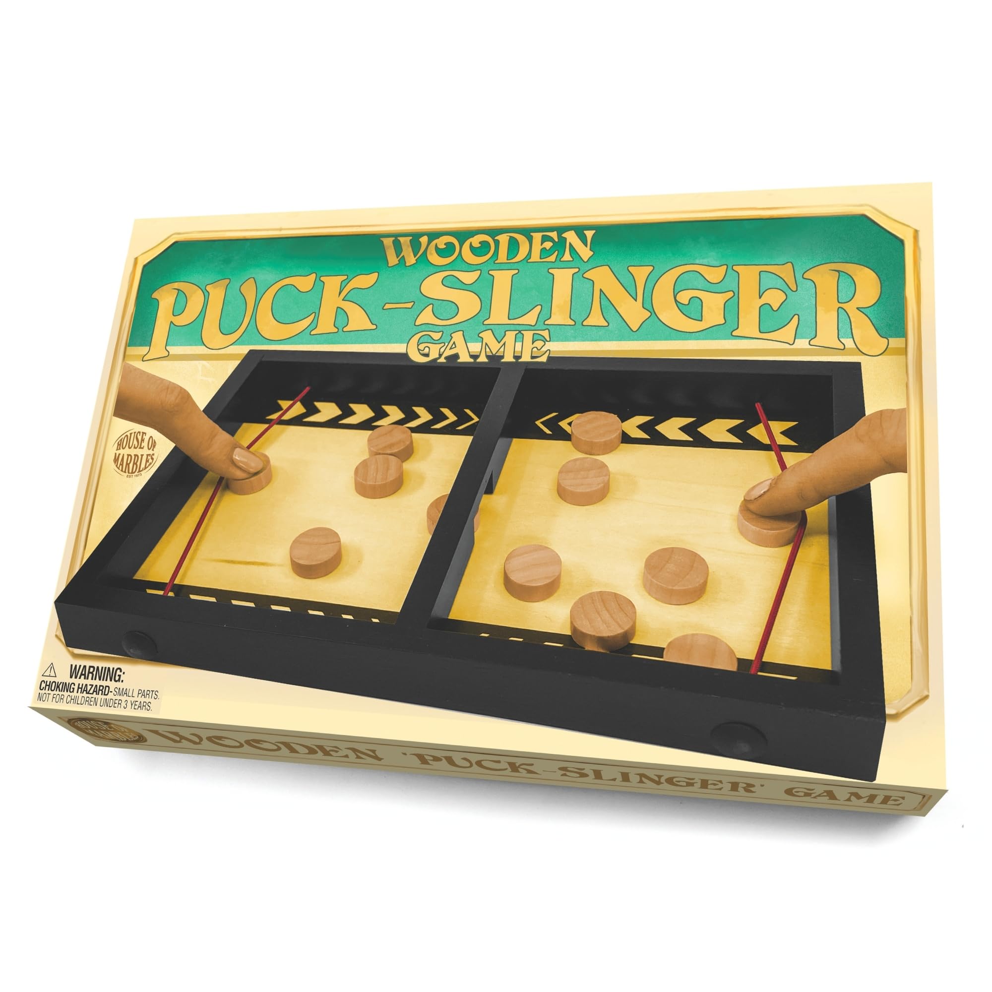 House of Marbles Wooden Puck Slinger Game – Fast-Paced Tabletop Sling Puck Challenge – Traditional Wooden Family Skill Game for Children & Adults